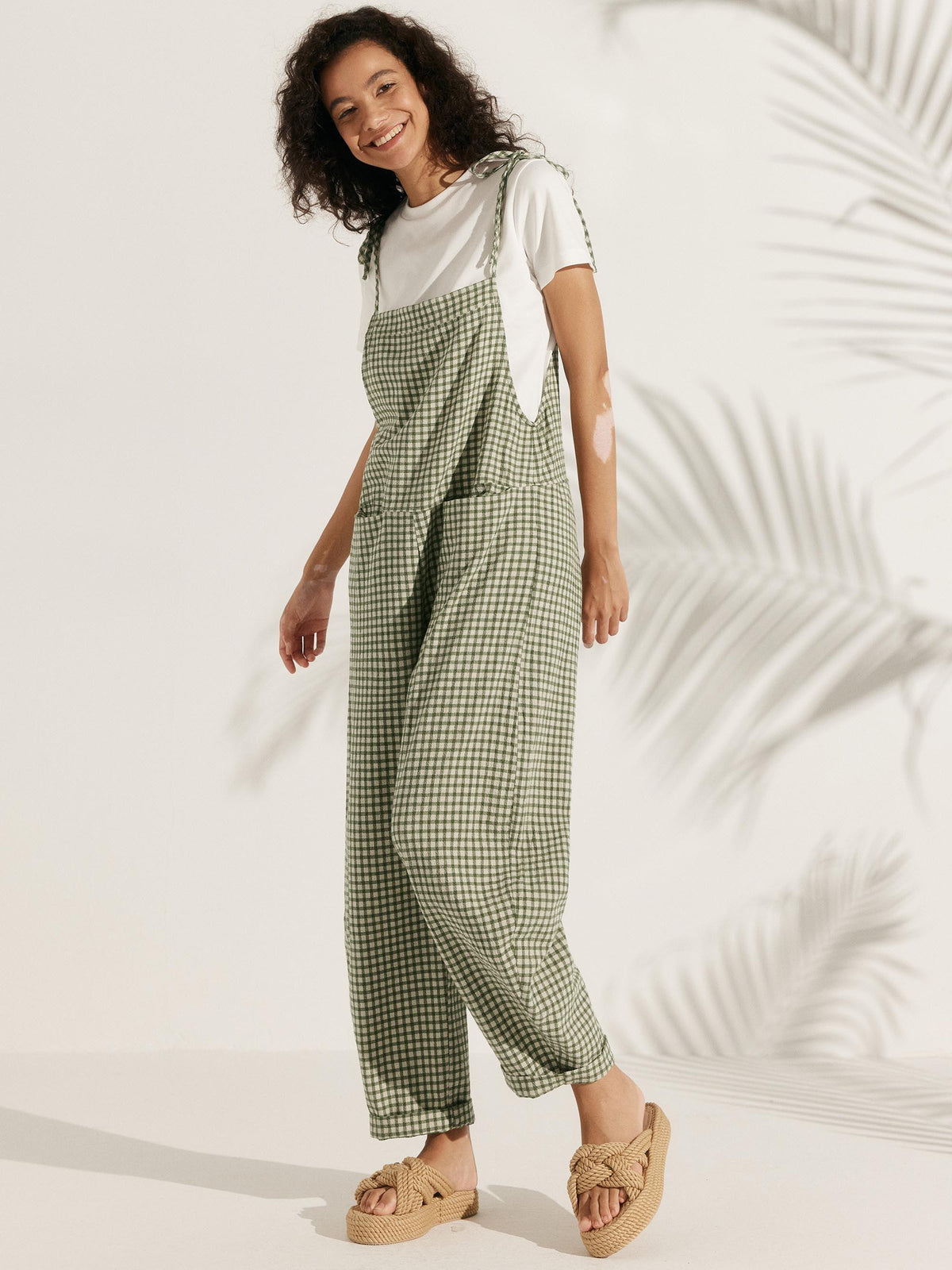 Linen Checked Square Neck Jumpsuit - BOTTOMS-Linen Pants