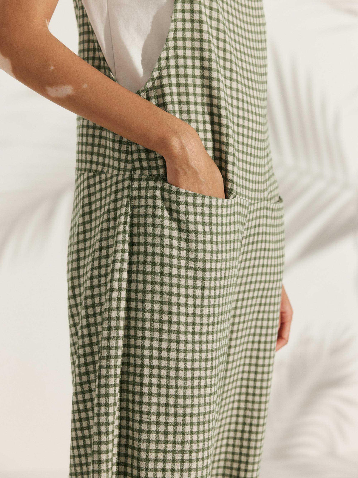 Linen Checked Square Neck Jumpsuit - BOTTOMS-Linen Pants