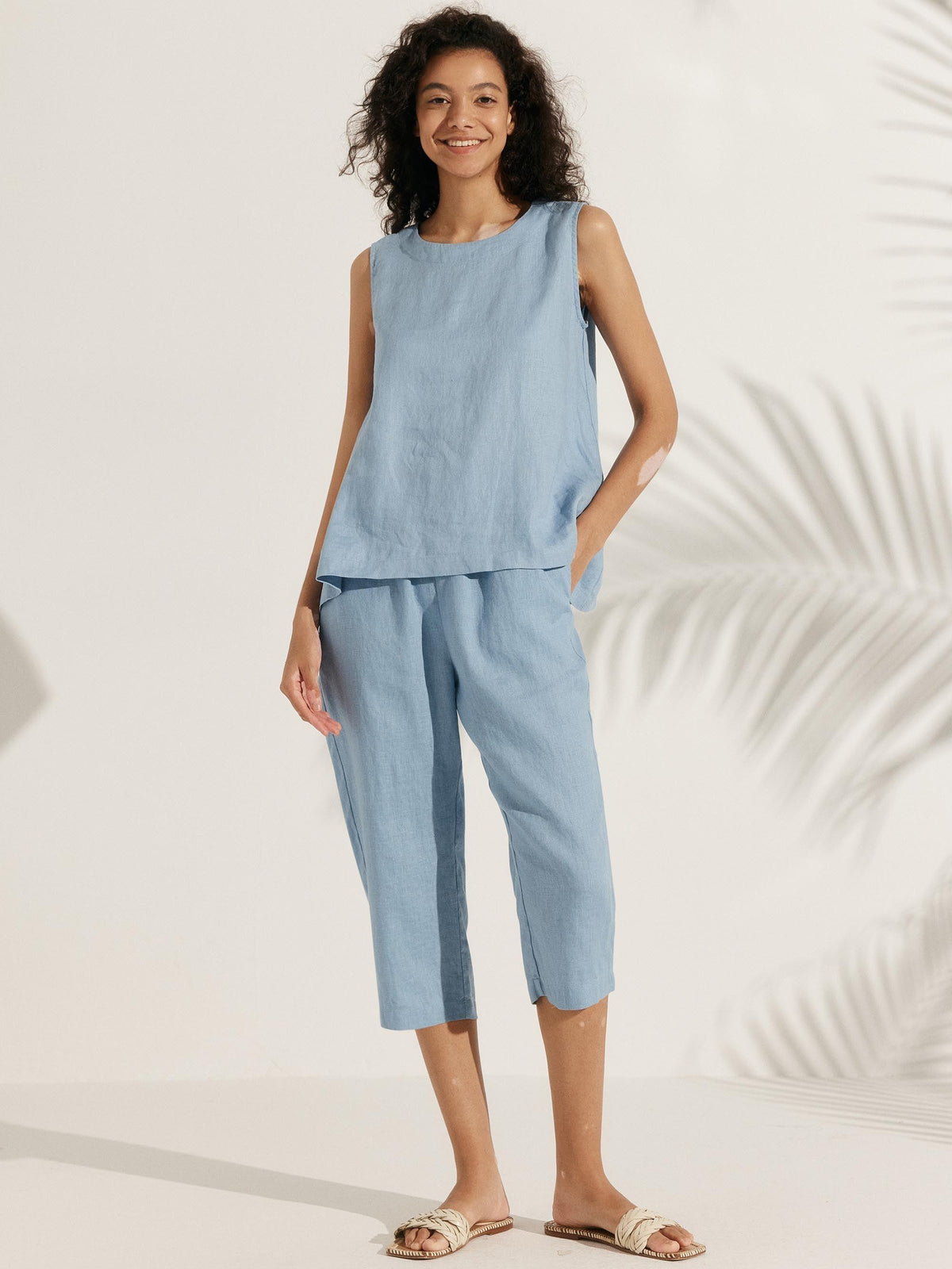 100% Linen Shell Sleeveless Elastic Waist Sets - Powder Blue / S - SETS-Linen