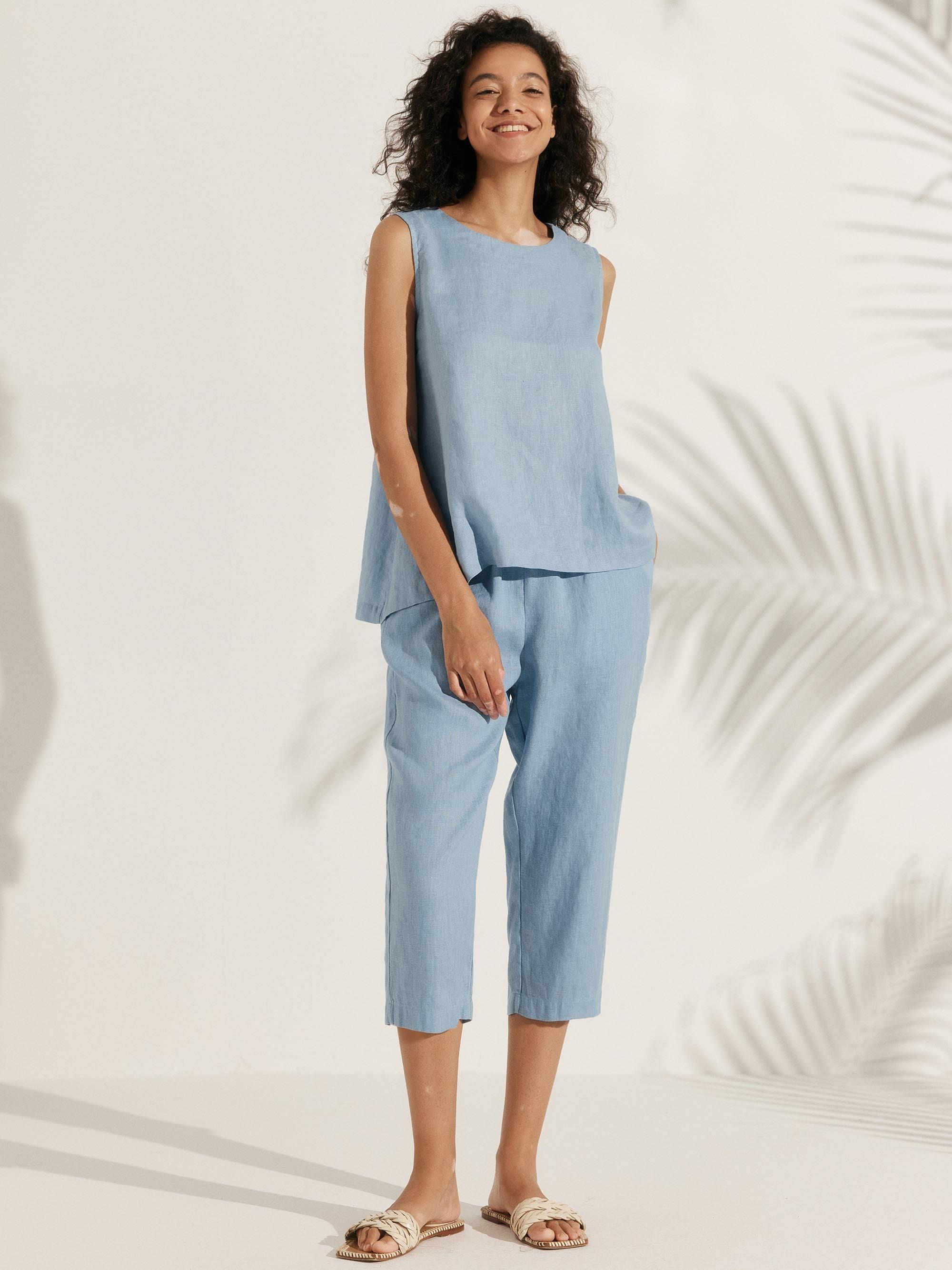 100% Linen Shell Sleeveless Elastic Waist Sets - SETS-Linen