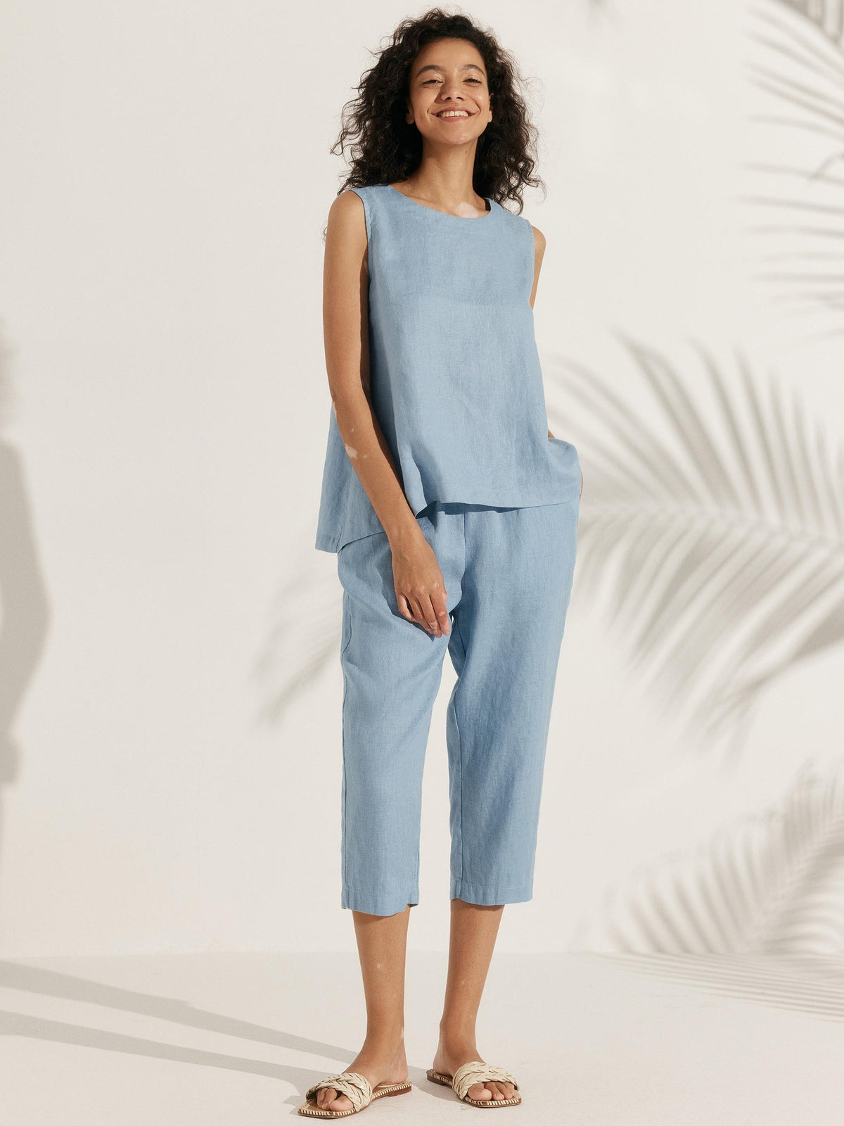 100% Linen Shell Sleeveless Elastic Waist Sets - SETS-Linen