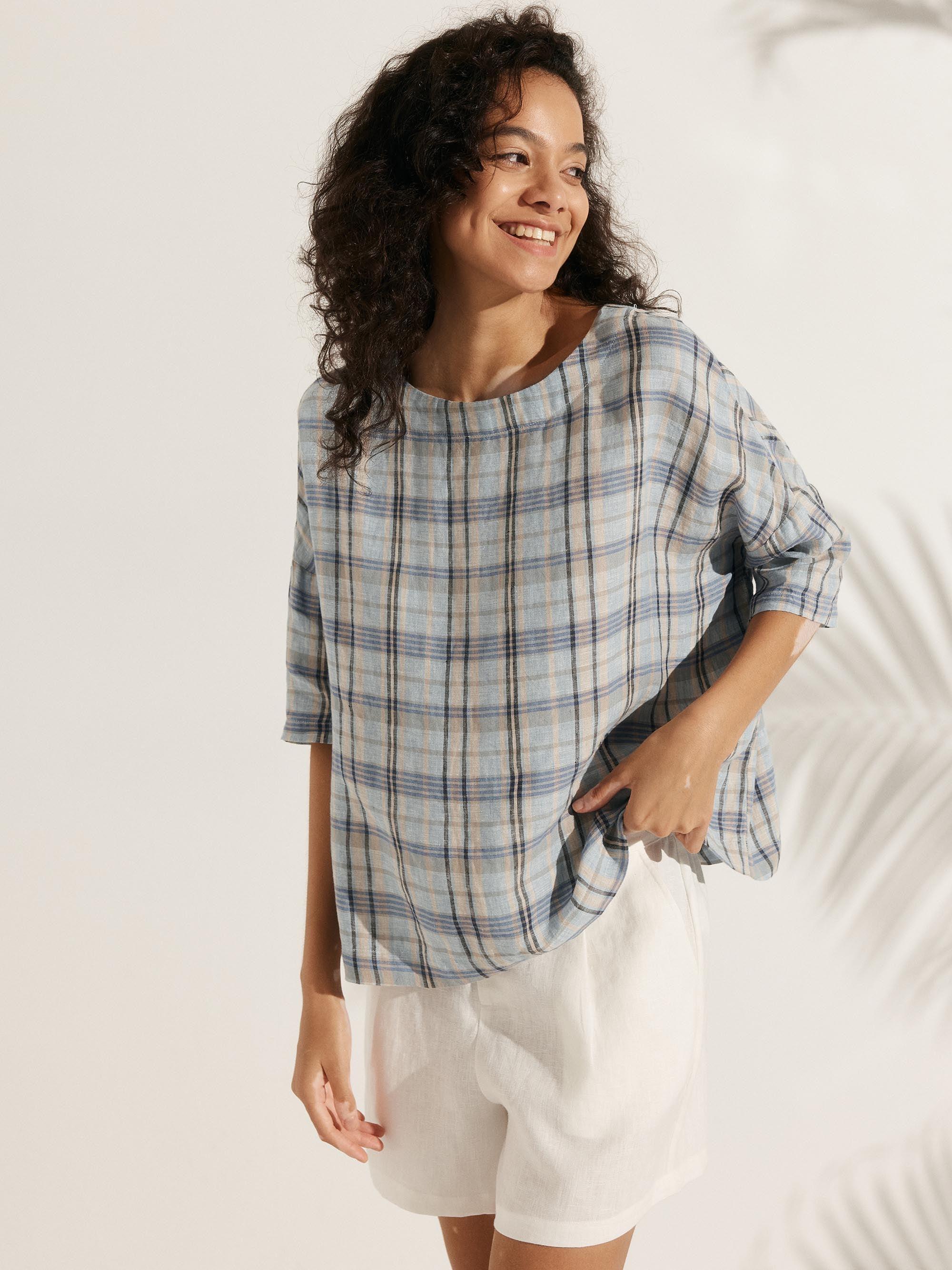 100% Linen Gingham Checked Boatneck 3/4 Length Sleeve Top - TOPS-Linen Blouses