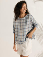 100% Linen Gingham Checked Boatneck 3/4 Length Sleeve Top - TOPS-Linen Blouses