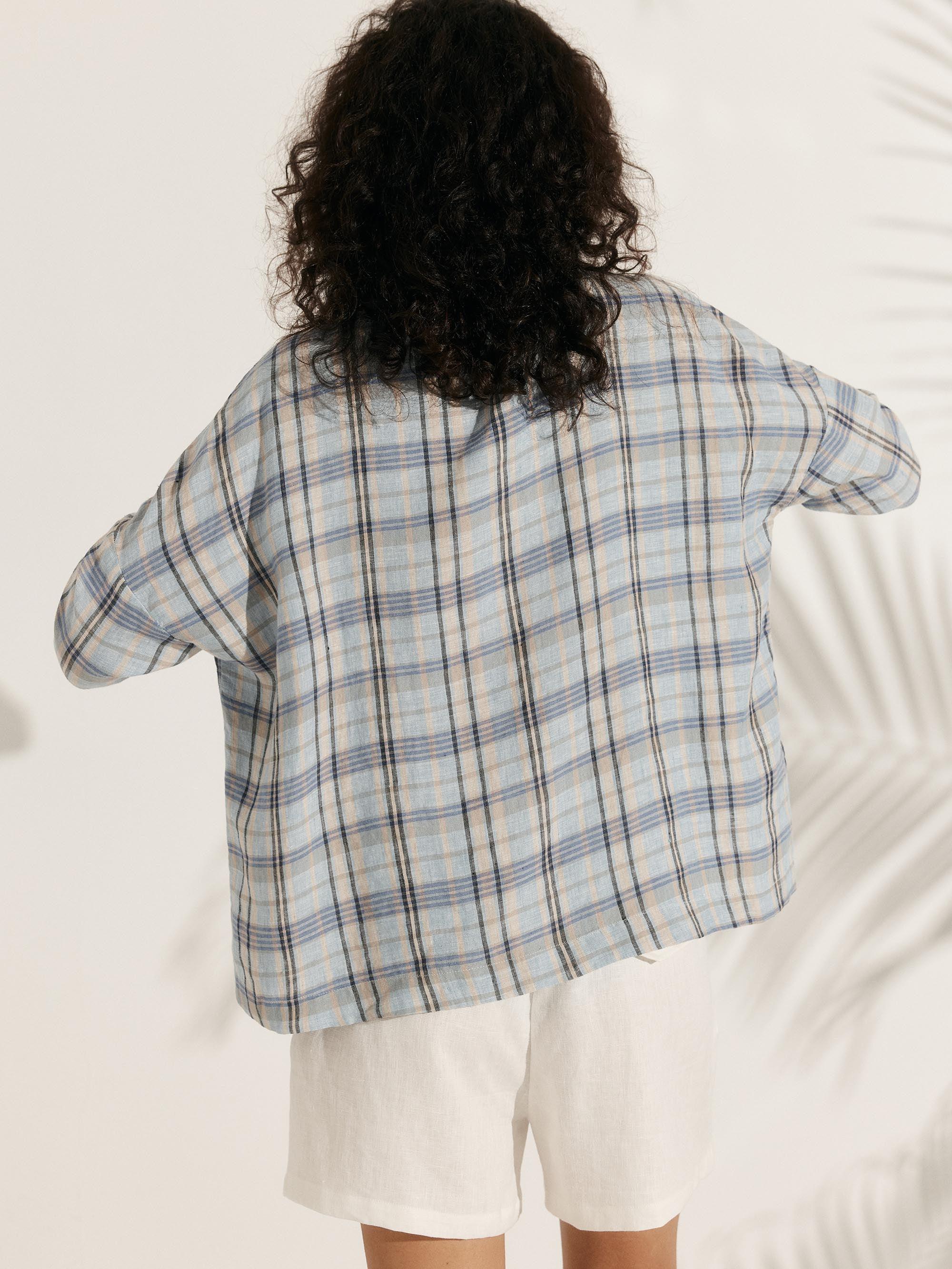 100% Linen Gingham Checked Boatneck 3/4 Length Sleeve Top - TOPS-Linen Blouses