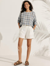 100% Linen Gingham Checked Boatneck 3/4 Length Sleeve Top - TOPS-Linen Blouses