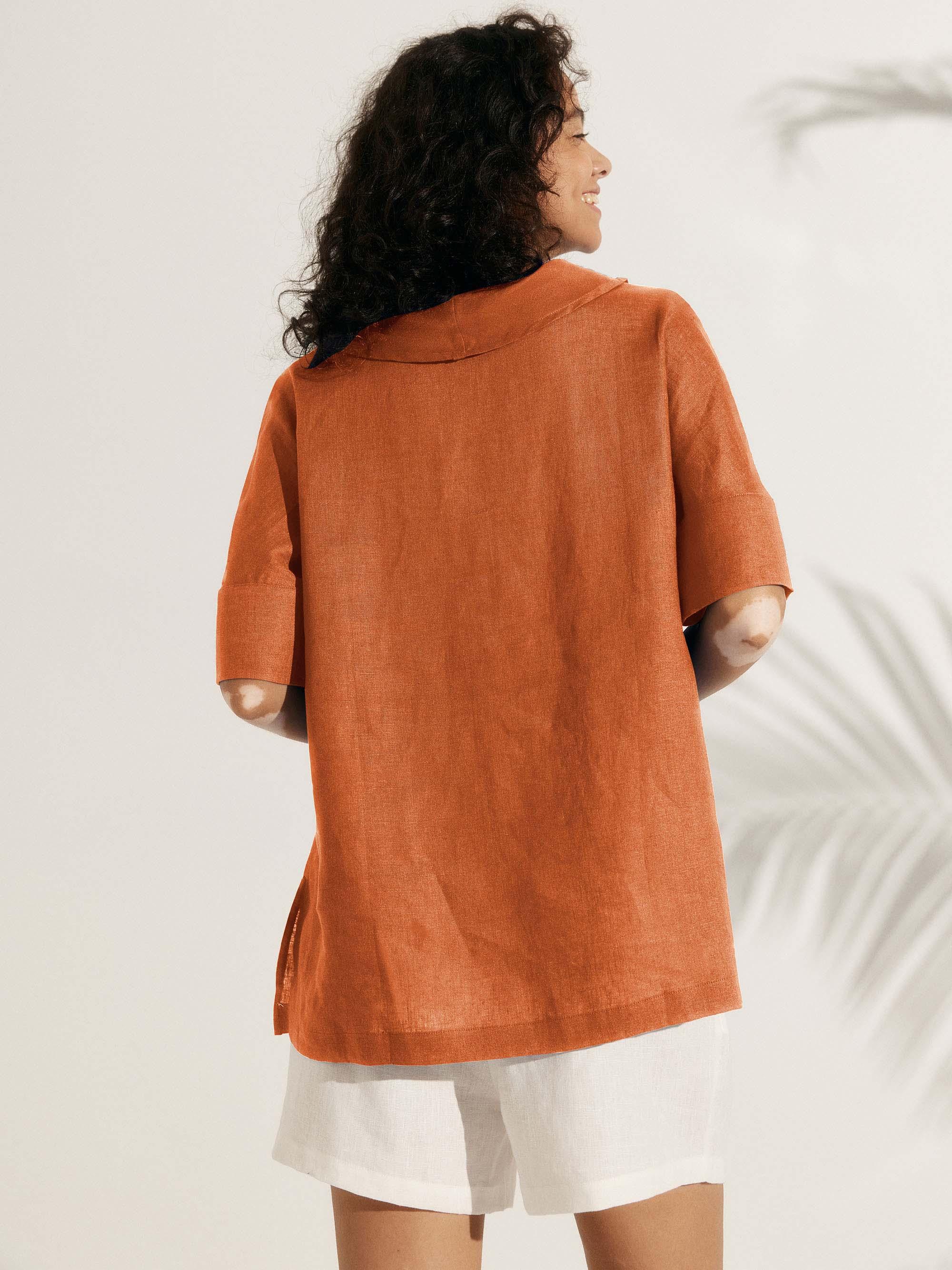 Linen V Neck Short Sleeve Shirt - TOPS-Linen Blouses