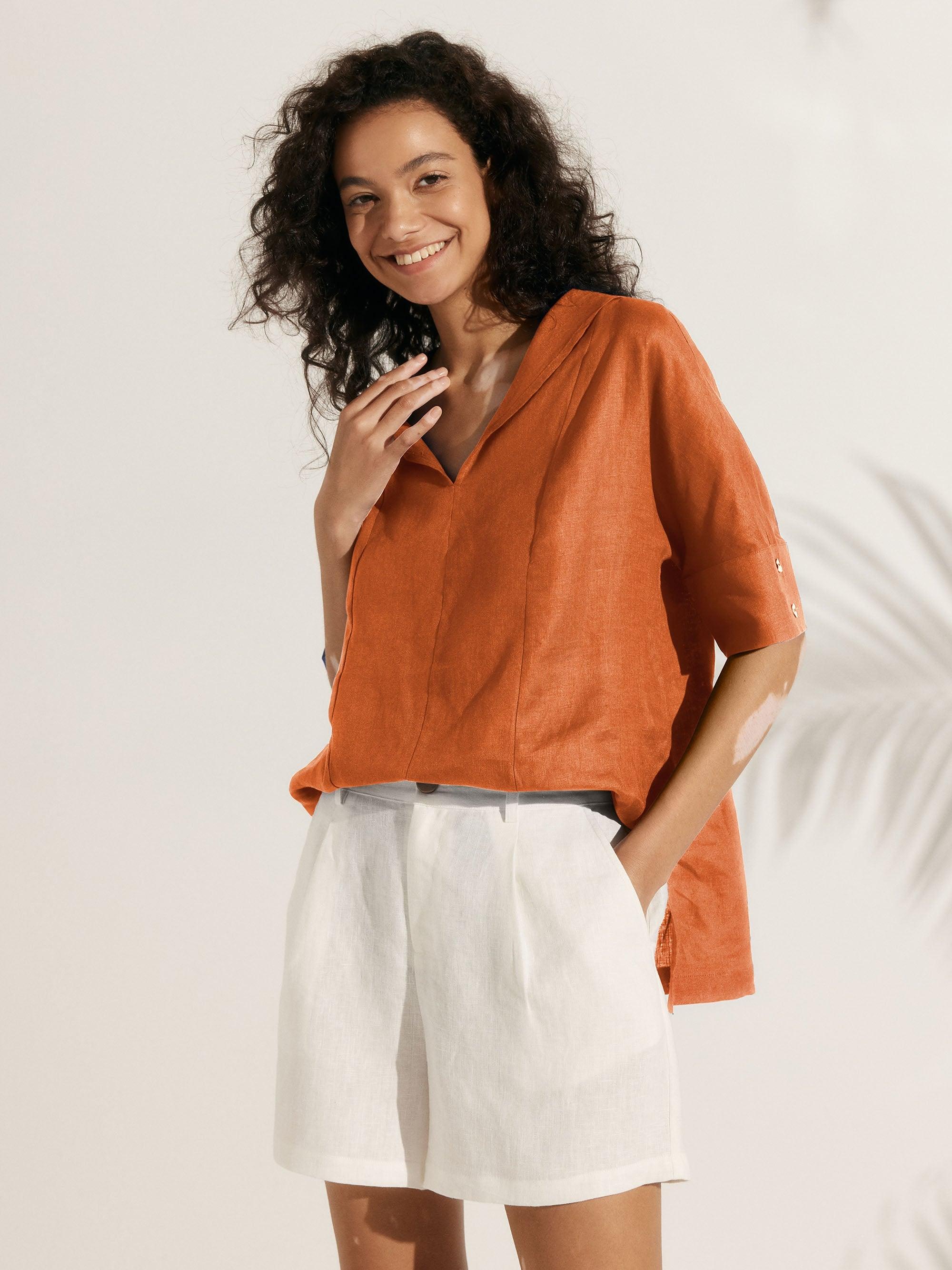 Linen V Neck Short Sleeve Shirt - Sun Orange / S - TOPS-Linen Blouses