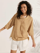 JADE 100% Linen Shawl V-Neck Half Sleeve Top - TOPS-Linen Blouses