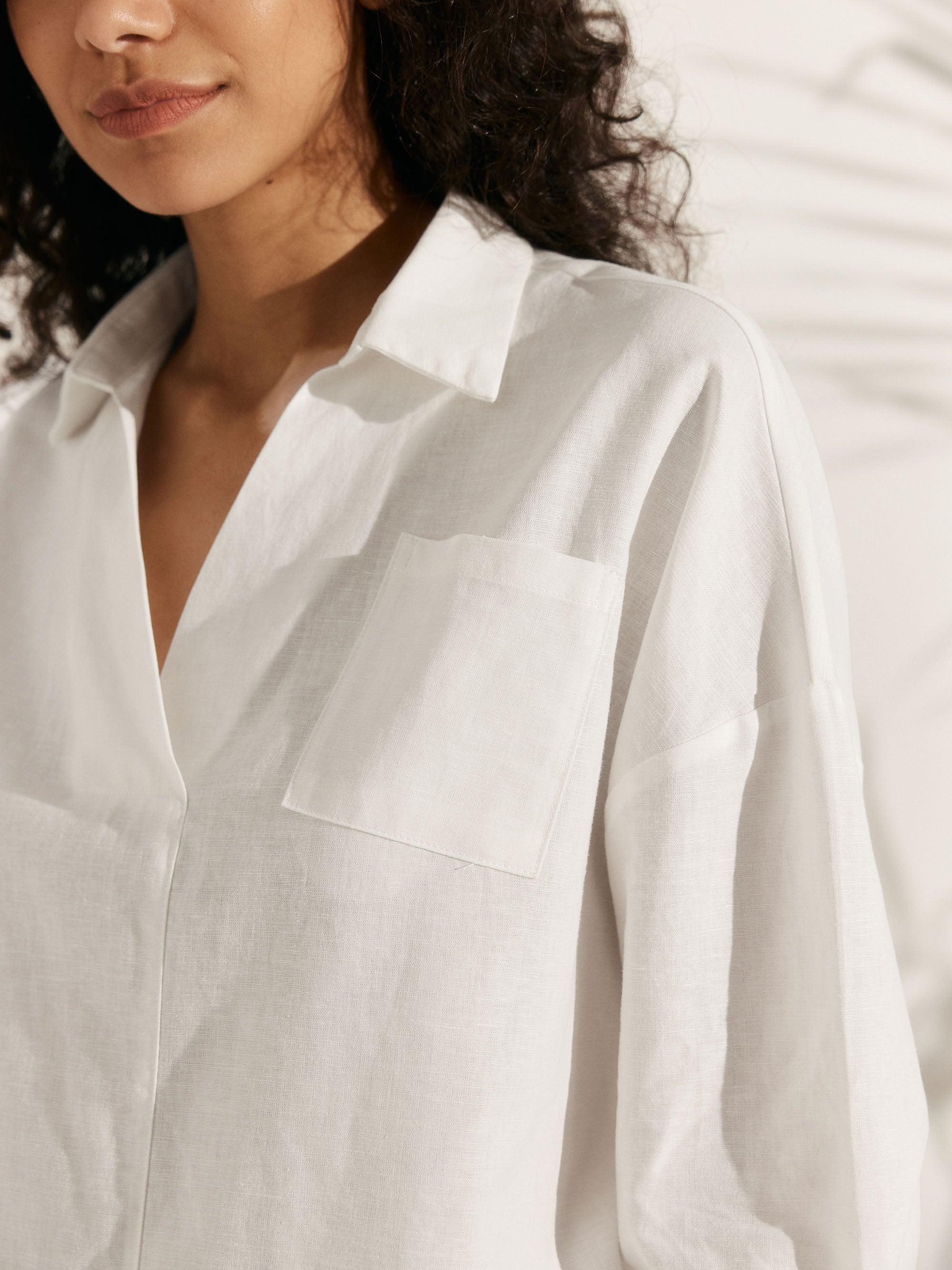 Linen Plaid Oversized Fit Pocket Shirt - TOPS-Linen Blouses