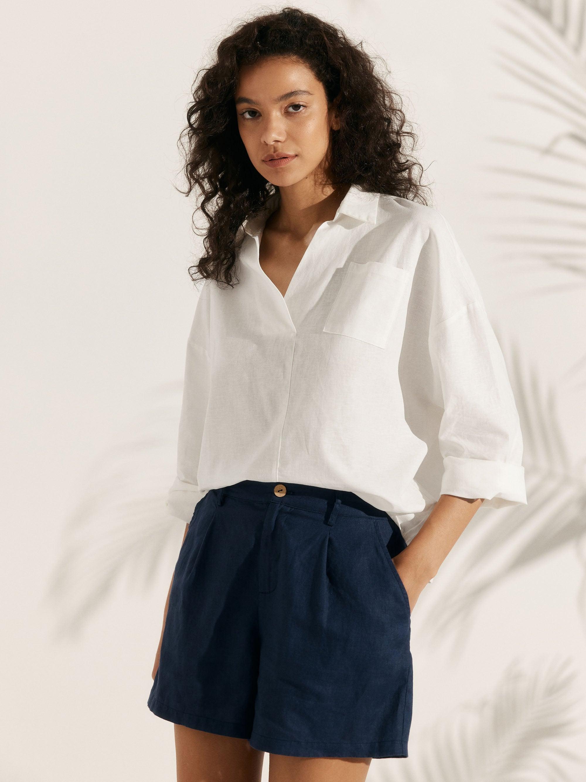 Linen Plaid Oversized Fit Pocket Shirt - TOPS-Linen Blouses