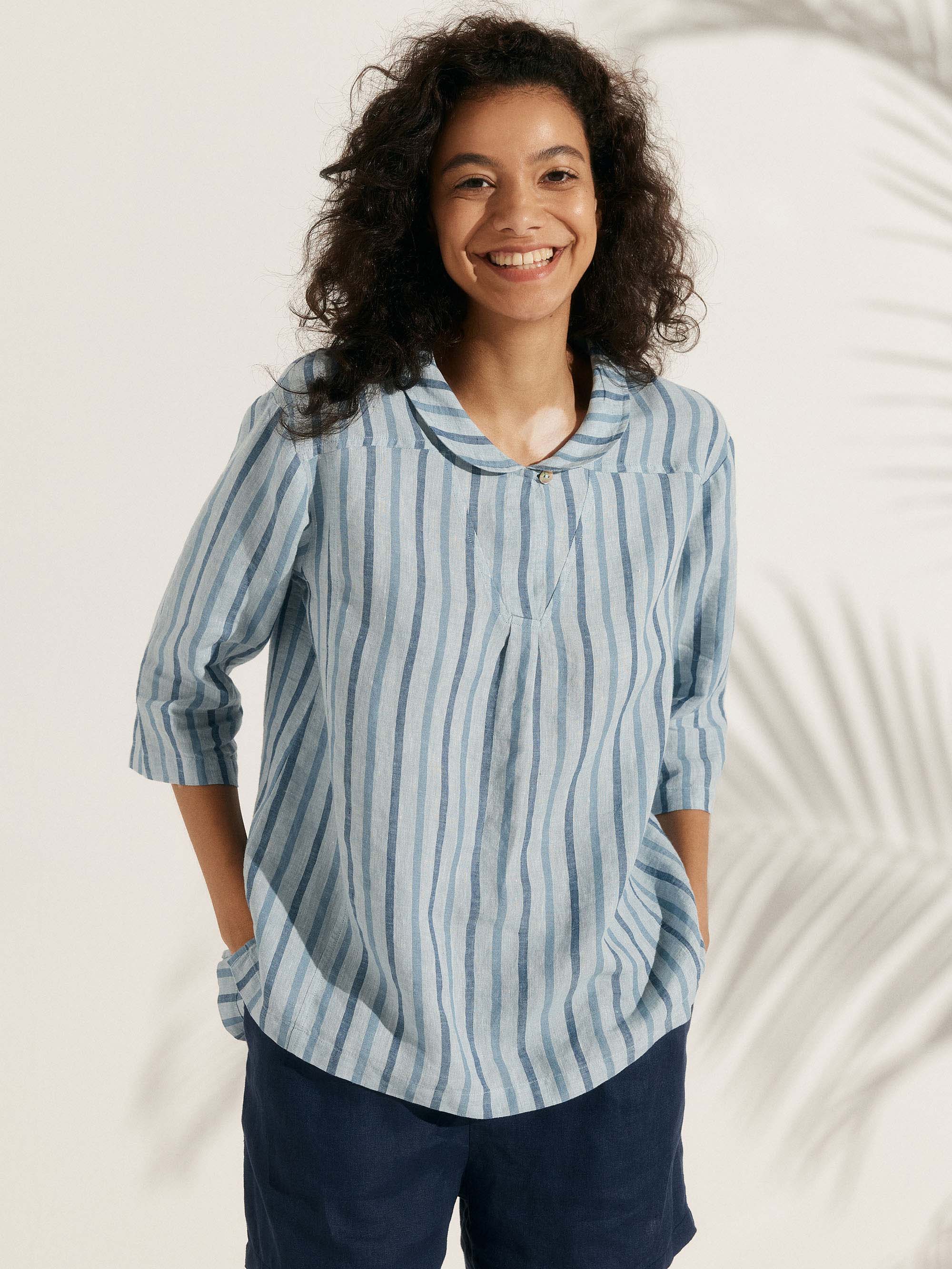 100% LINEN STRIPE SHAWL V-NECK HALF SLEEVE TOP