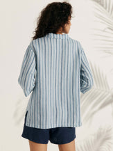 100% LINEN STRIPE SHAWL V-NECK HALF SLEEVE TOP