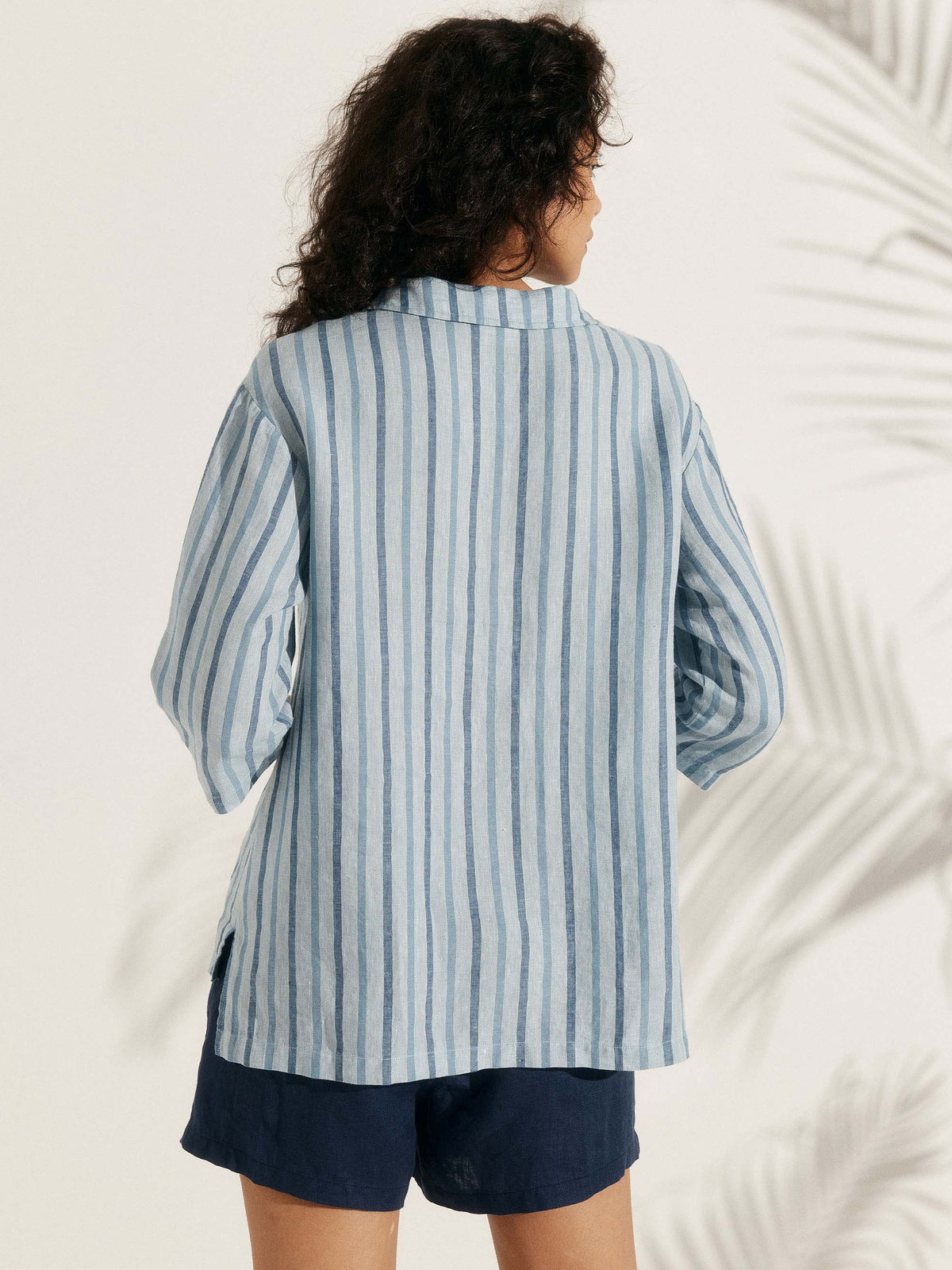 100% LINEN STRIPE SHAWL V-NECK HALF SLEEVE TOP