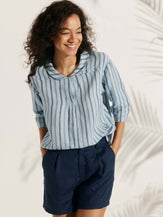100% LINEN STRIPE SHAWL V-NECK HALF SLEEVE TOP