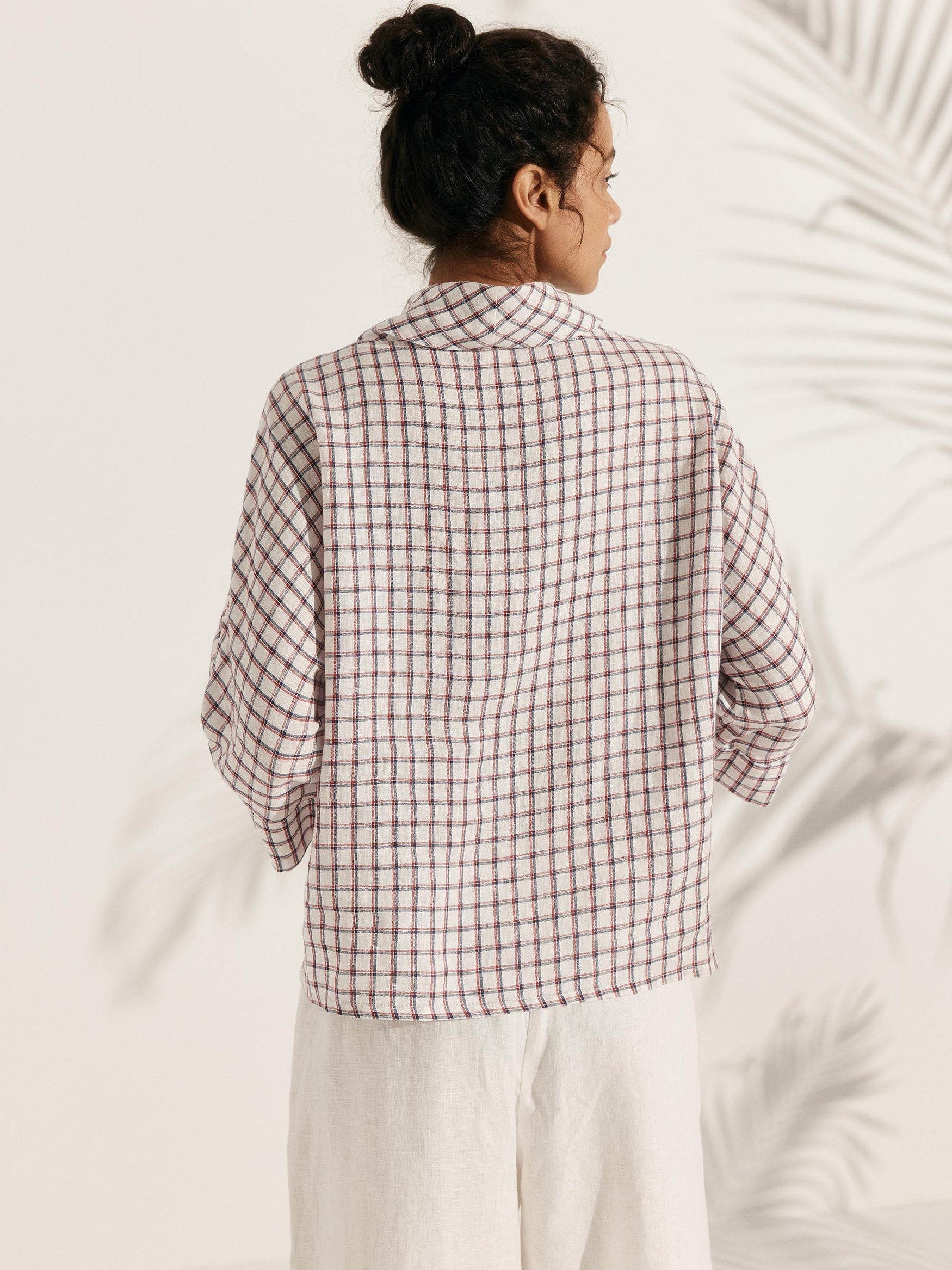 Linen-Cotton Dropped Collar Long-Sleeve Top TRISTAN - TOPS-Linen Blouses