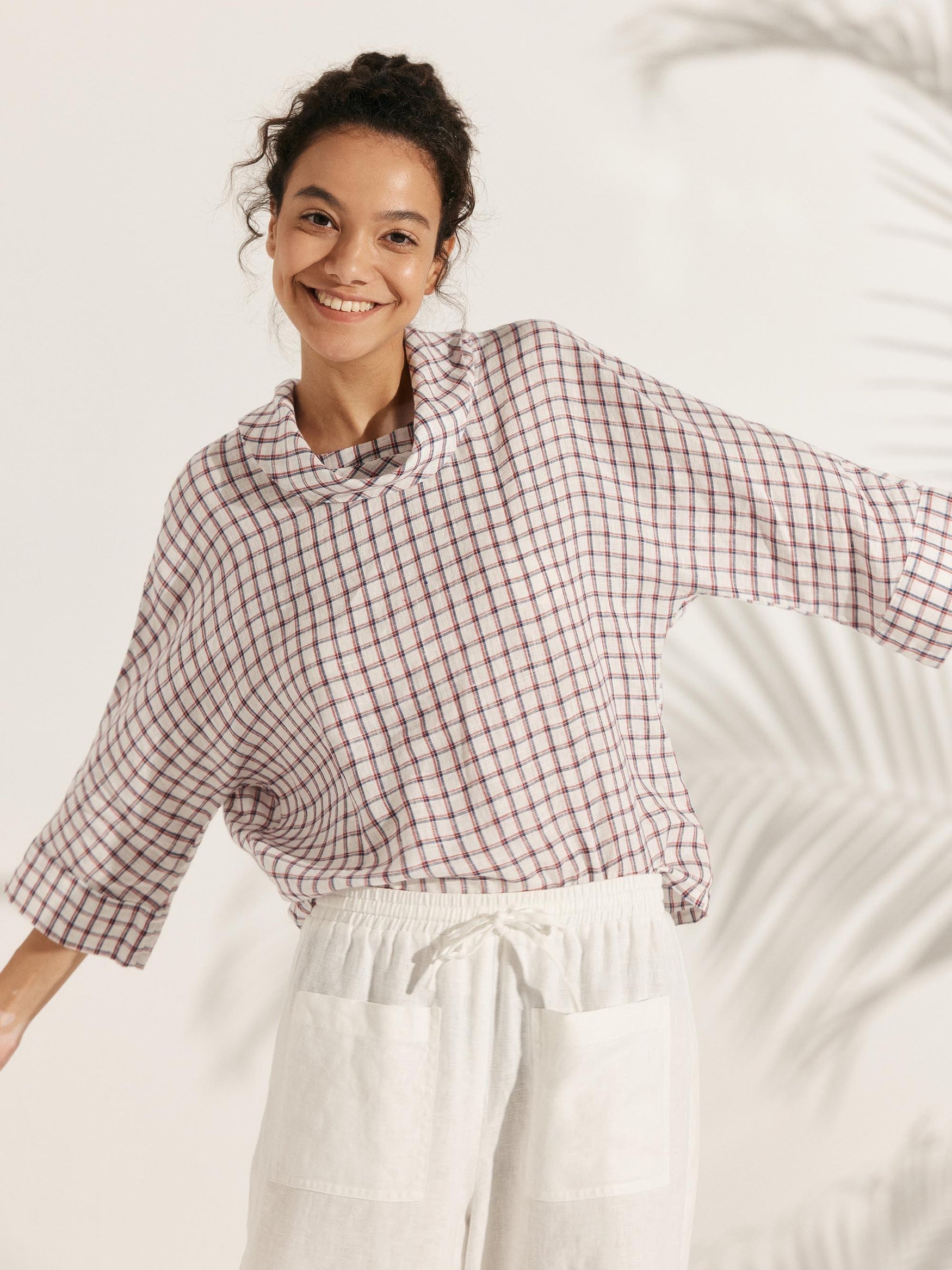 Linen-Cotton Dropped Collar Long-Sleeve Top TRISTAN - TOPS-Linen Blouses