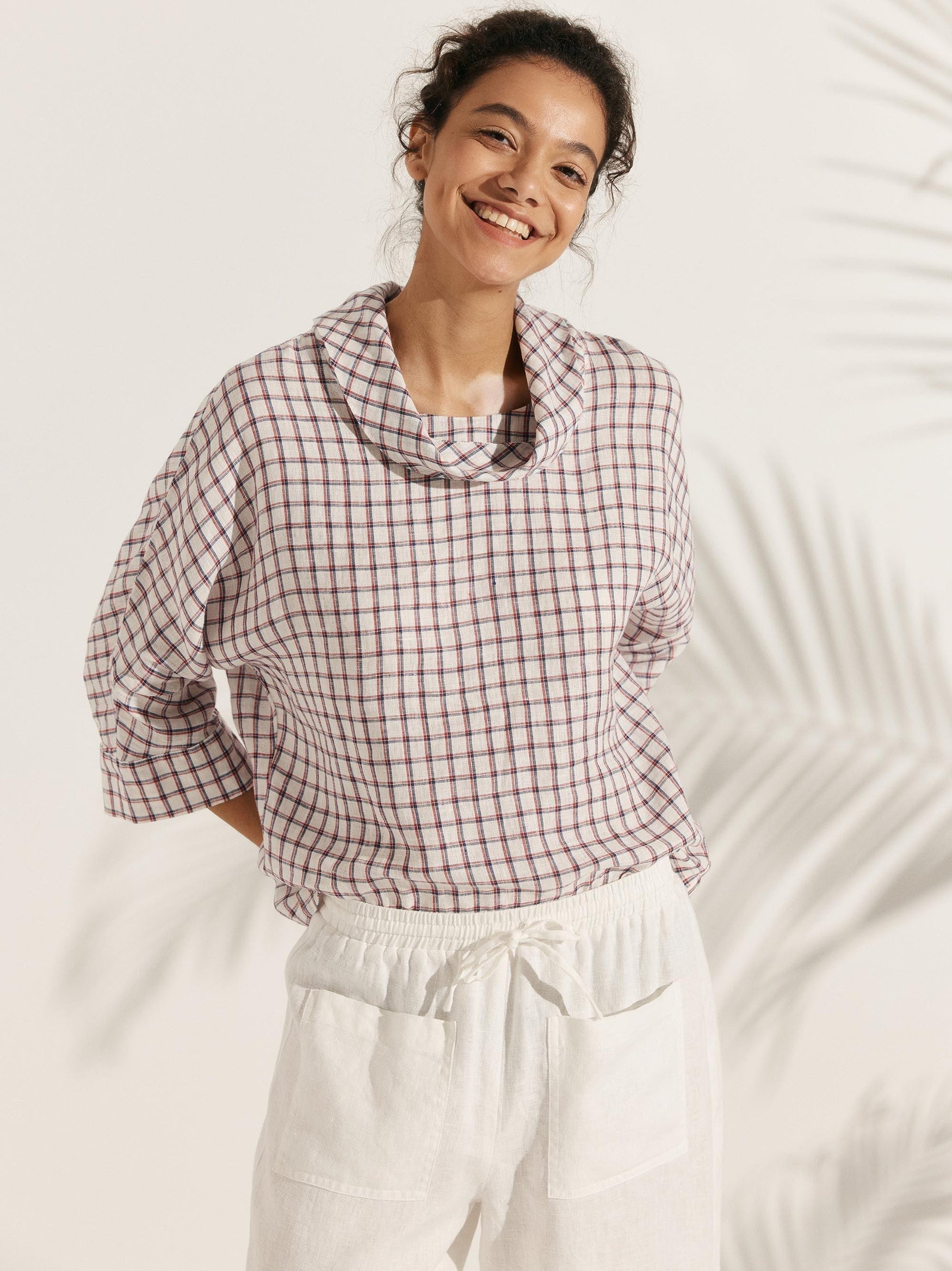 Linen-Cotton Dropped Collar Long-Sleeve Top TRISTAN - Highland Plaid / S - TOPS-Linen Blouses
