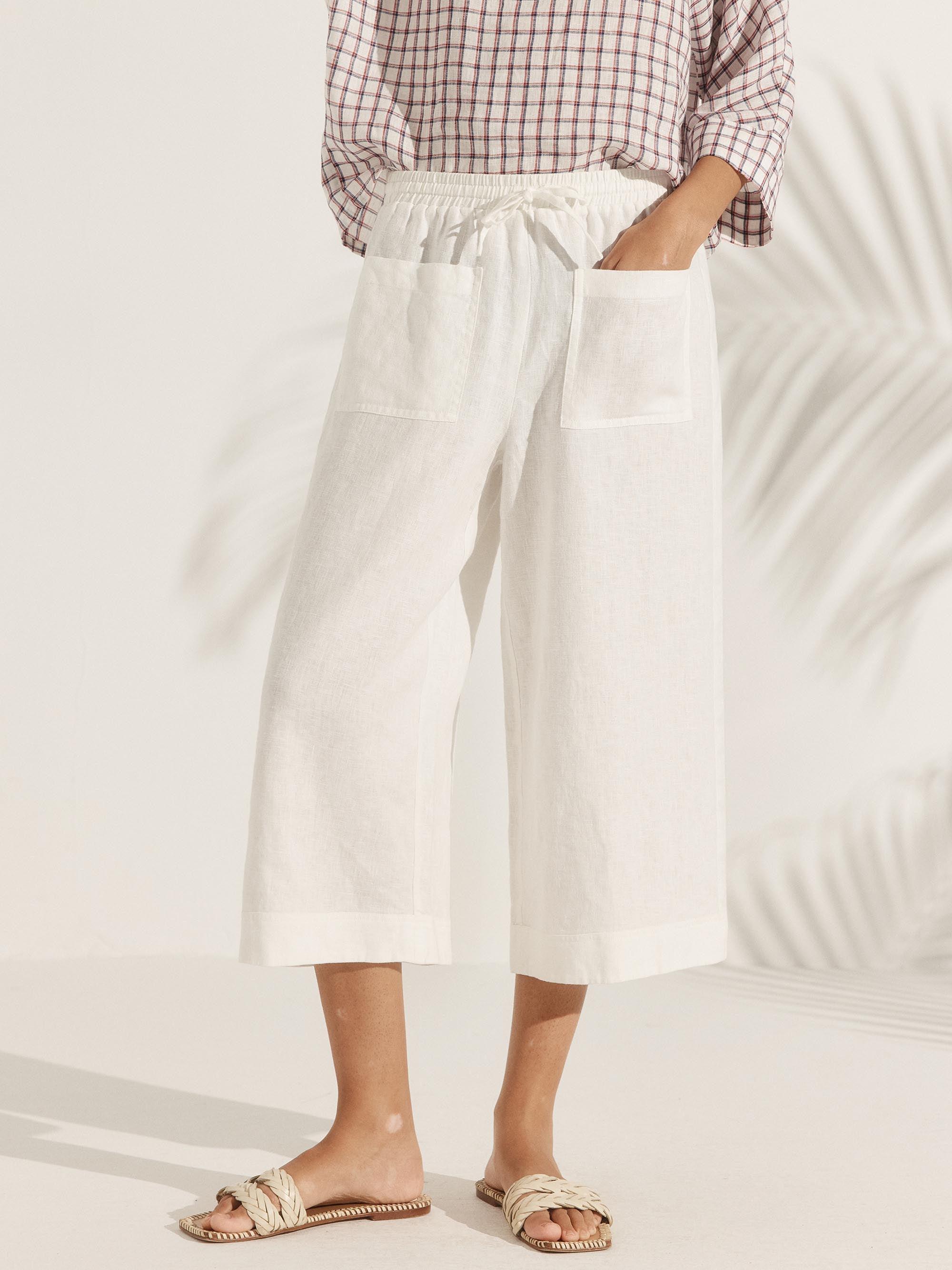 100% Linen Pull-On Wide Leg Pants - Optic White / S - BOTTOMS-Linen