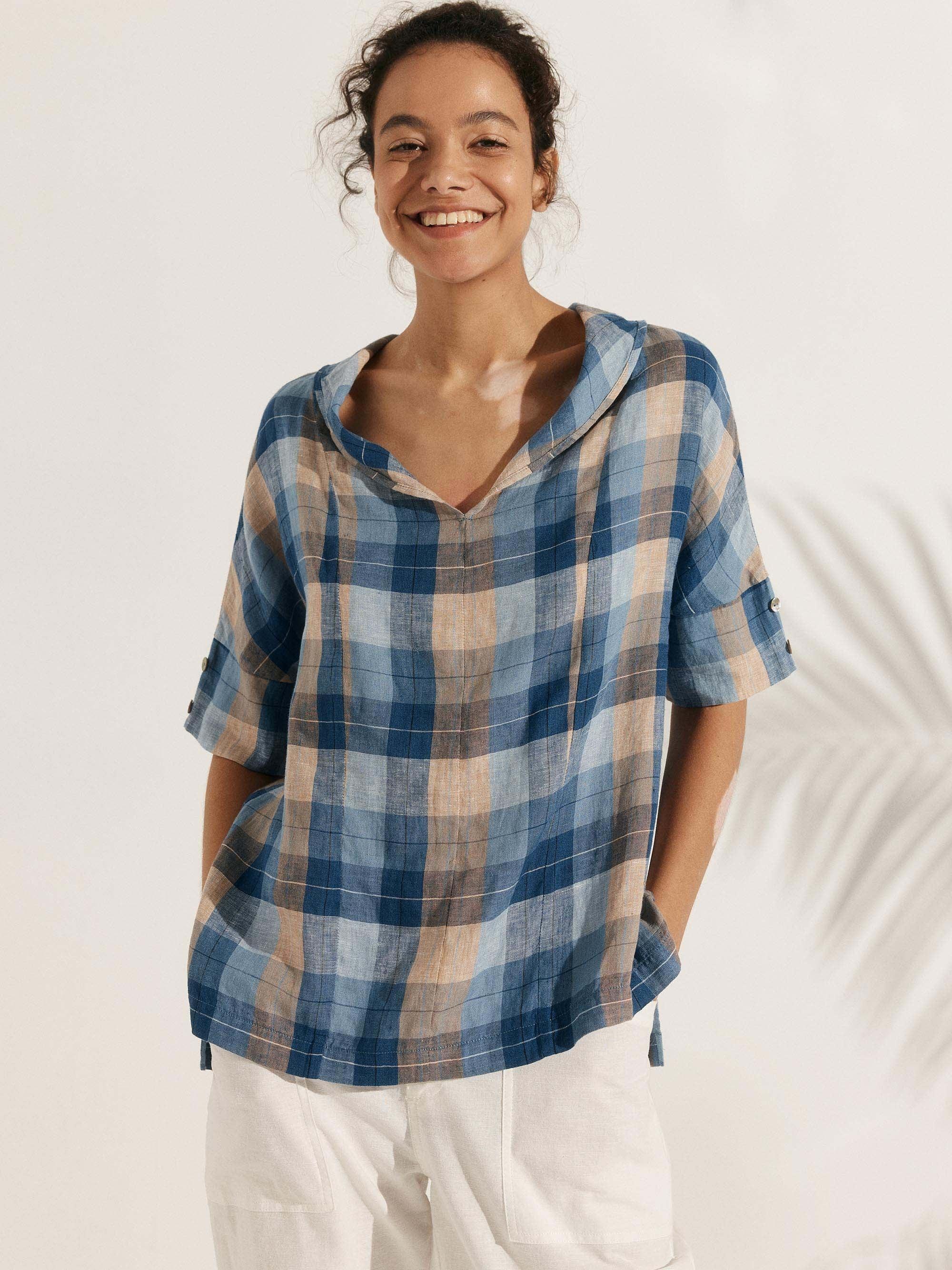 Linen V Neck Short Sleeve Shirt - TOPS-Linen Blouses
