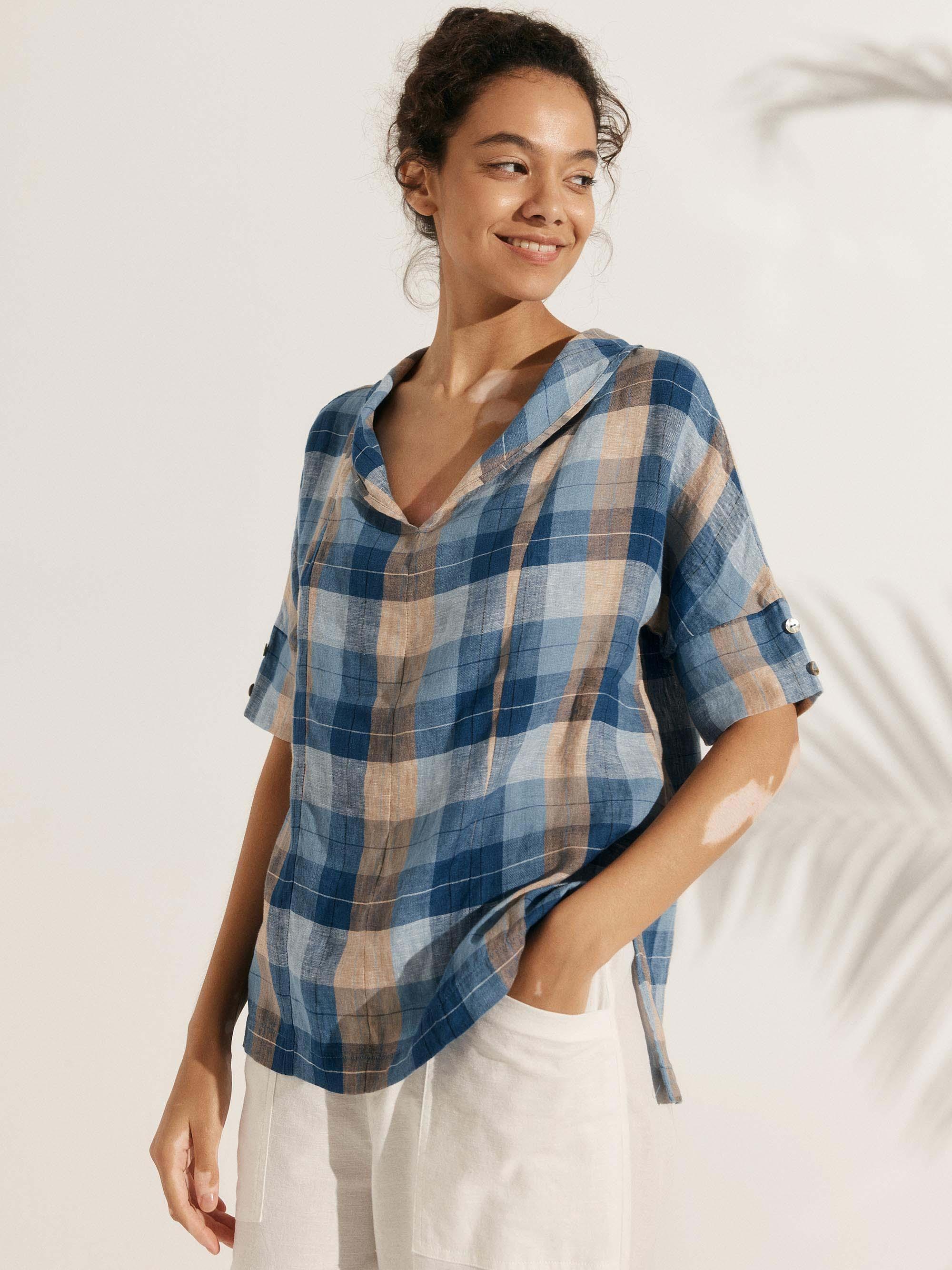 Linen V Neck Short Sleeve Shirt - TOPS-Linen Blouses