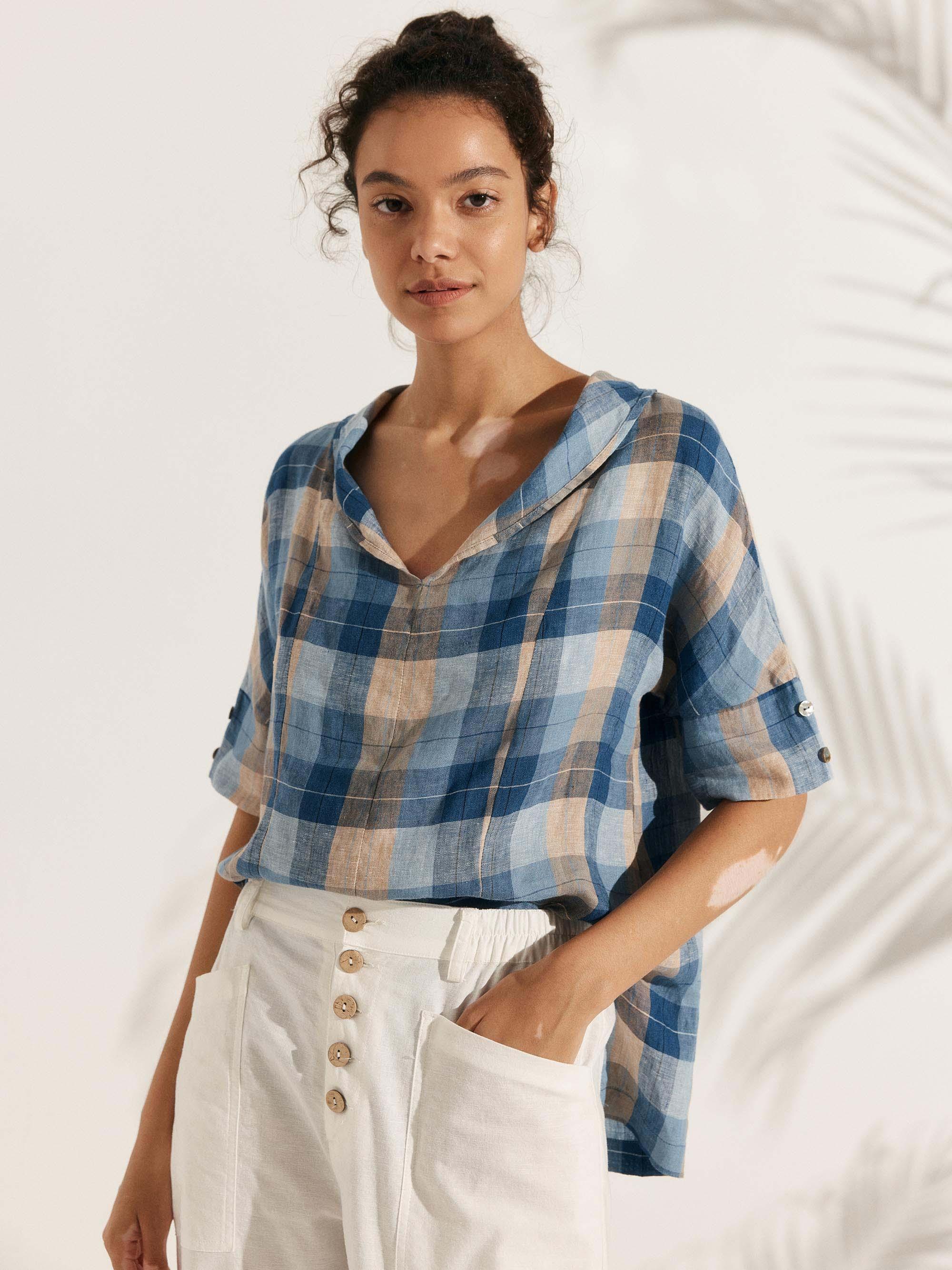 Linen V Neck Short Sleeve Shirt - Ocean Sunset Plaid / S - TOPS-Linen Blouses