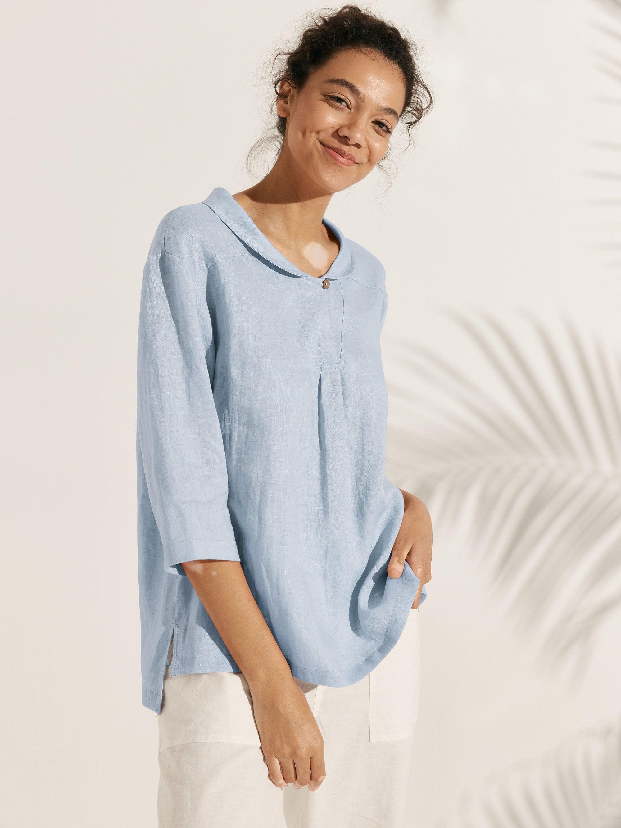 100% Linen Shawl V-Neck Half Sleeve Top JADE – LINTICO
