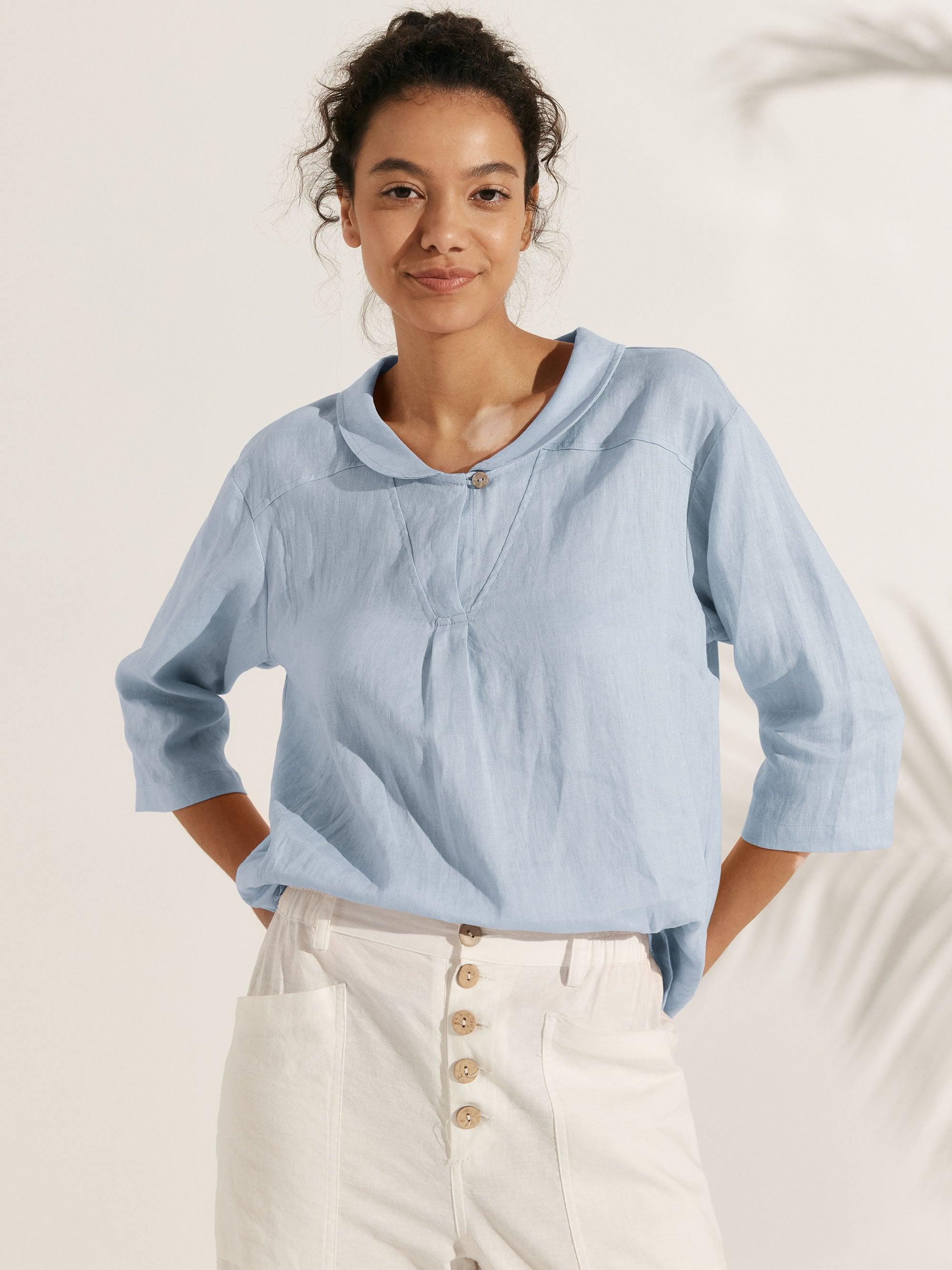 ●PALE JADE● 25SS Organic Long Sleeve - U neck 100% Linen Shawl V-Neck Half Sleeve Top JADE – LINTICO