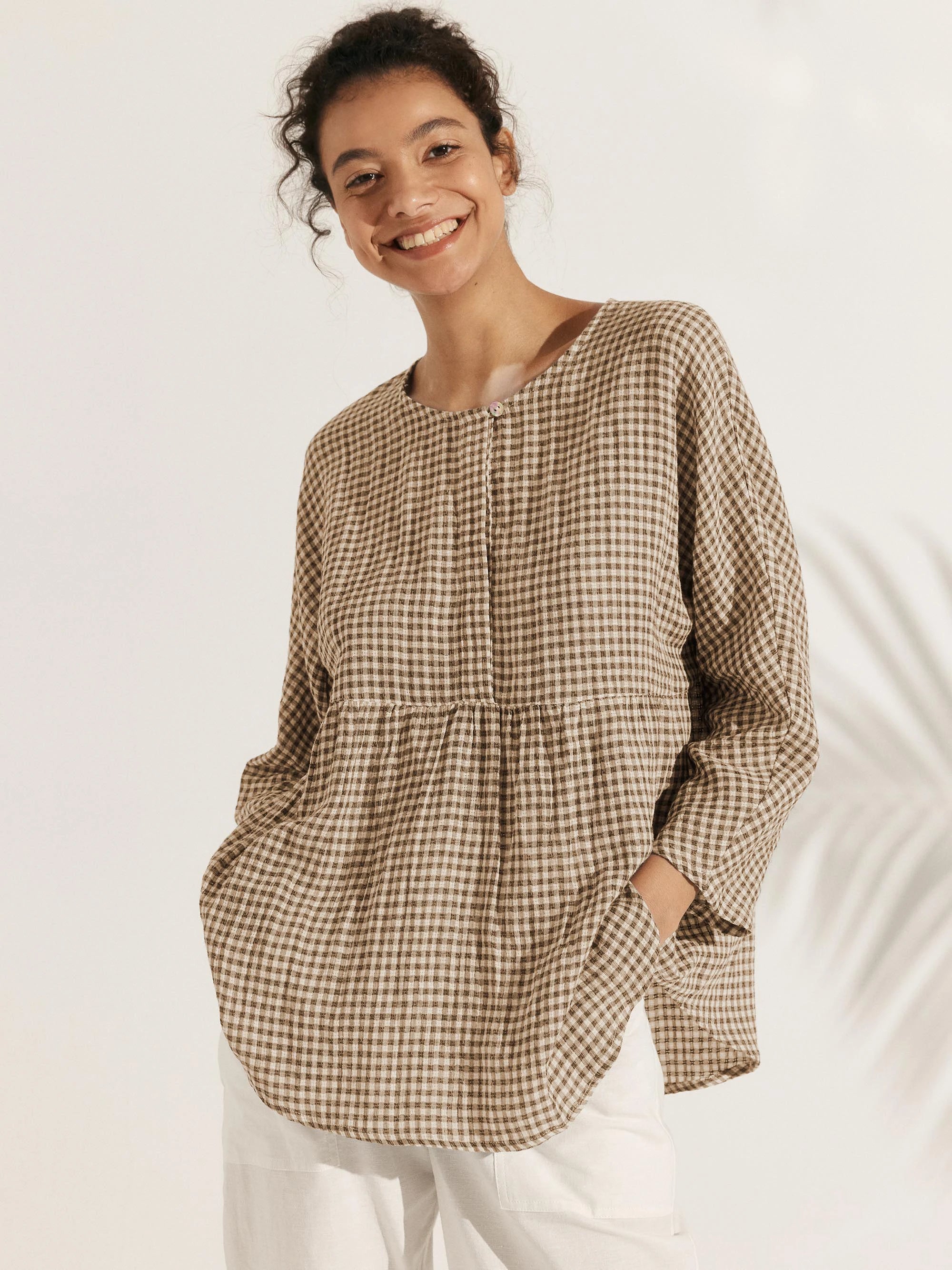 Linen Checked Long-Sleeved Top