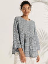 Linen Checked Long-Sleeved Top - TOPS-Linen Blouses
