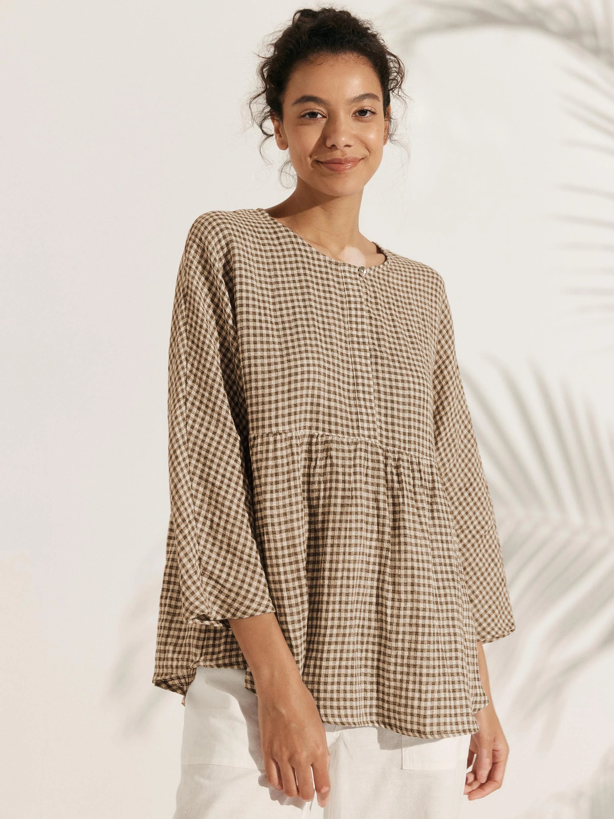 Linen Checked Long-Sleeved Top