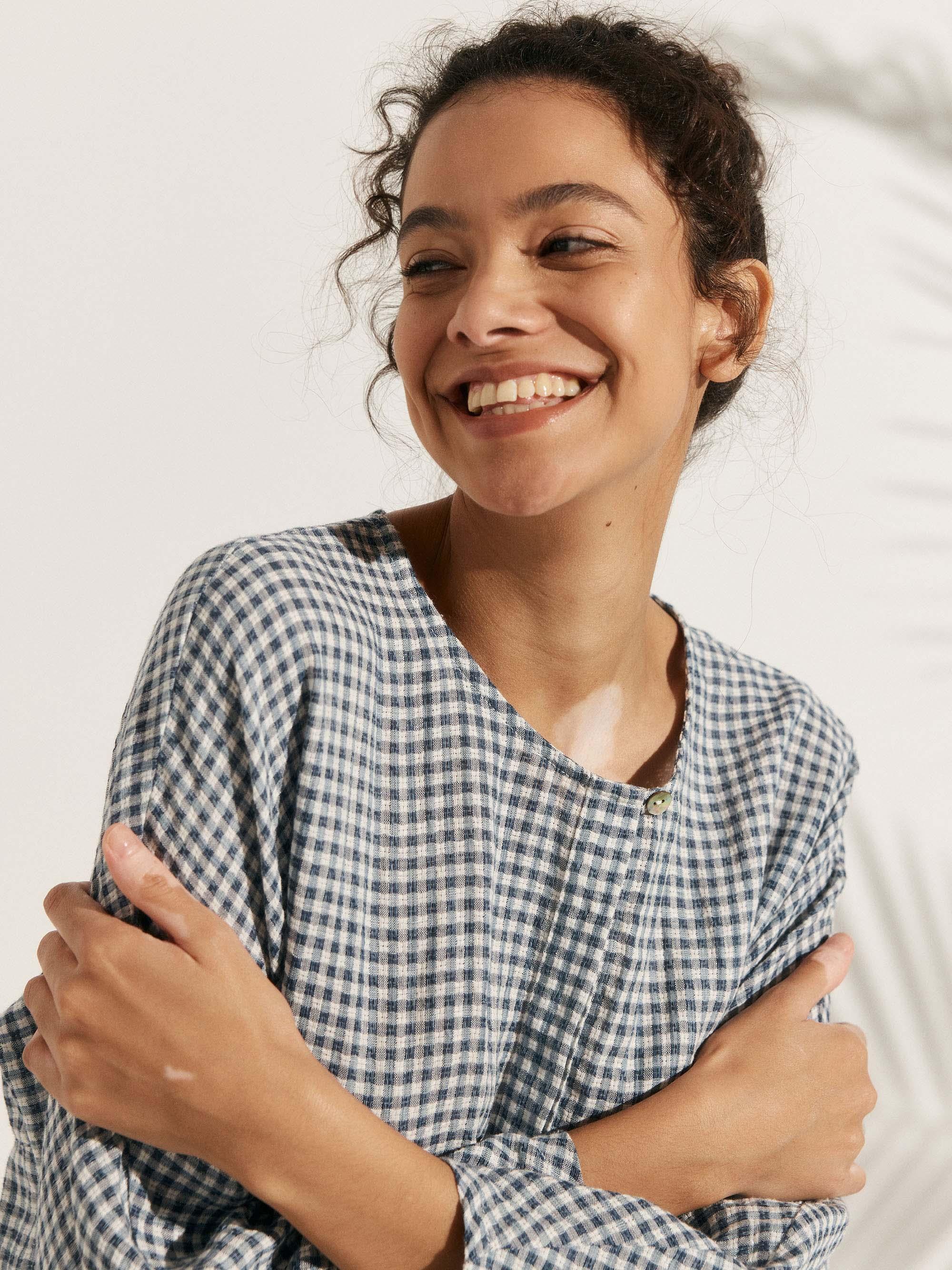 Linen Checked Long-Sleeved Top - TOPS-Linen Blouses