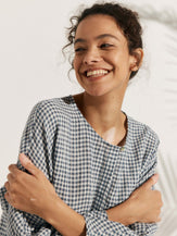 Linen Checked Long-Sleeved Top - TOPS-Linen Blouses