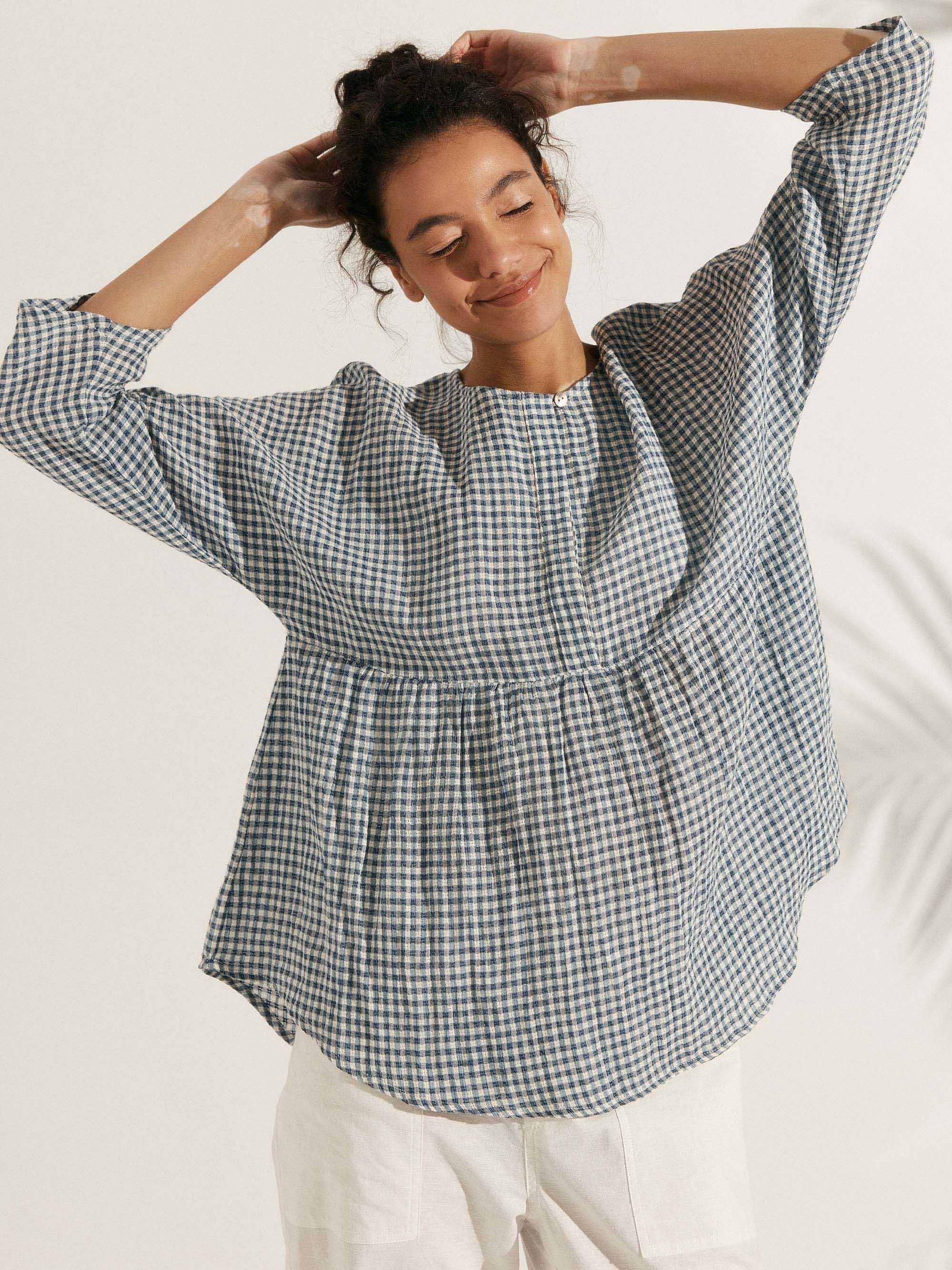 Linen Checked Long-Sleeved Top - TOPS-Linen Blouses