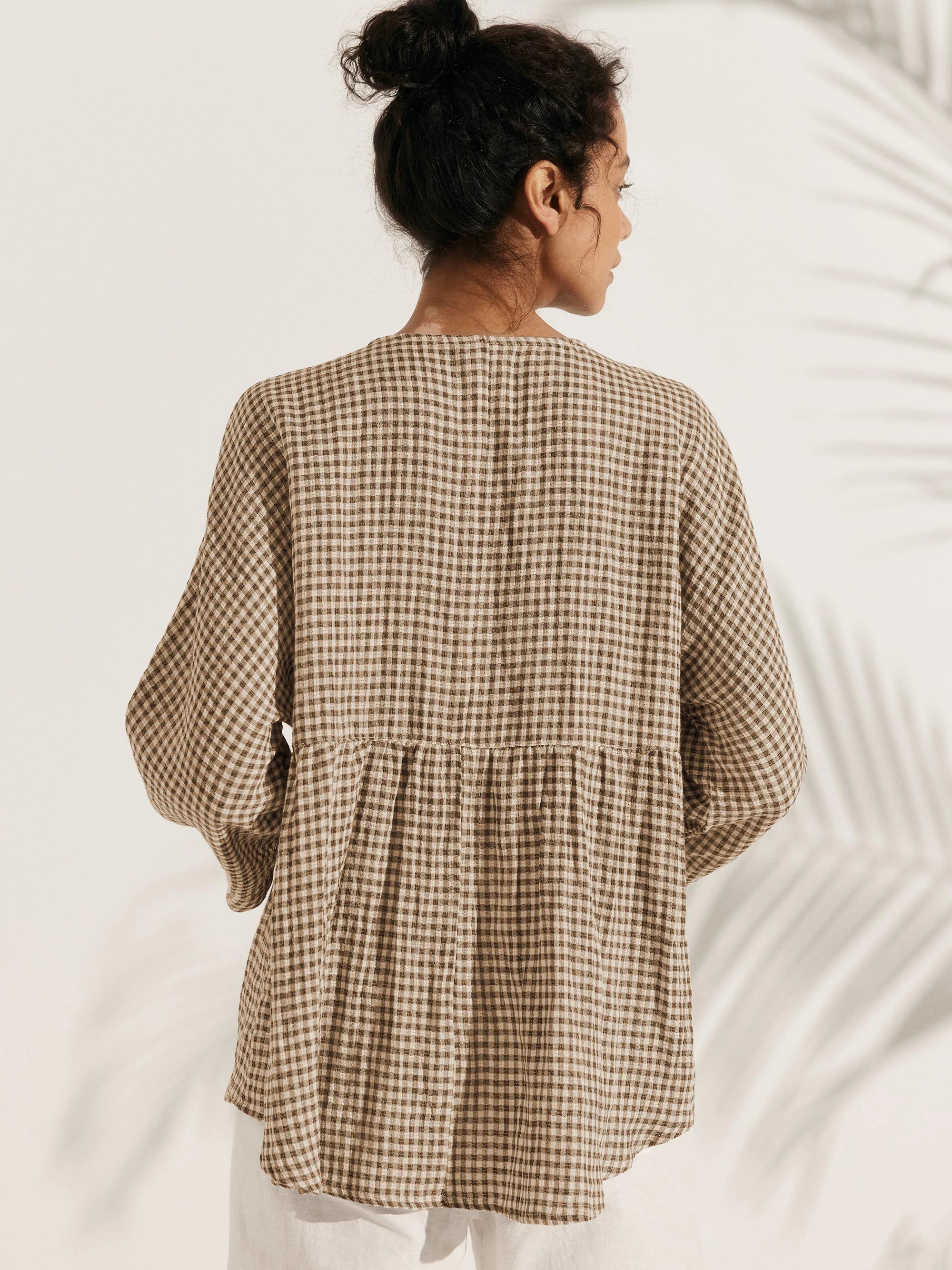 Linen Checked Long-Sleeved Top