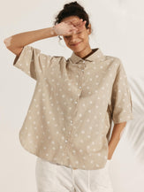 Linen Polka Dots Oversized Shirt - TOPS-Linen Button Down Shirts