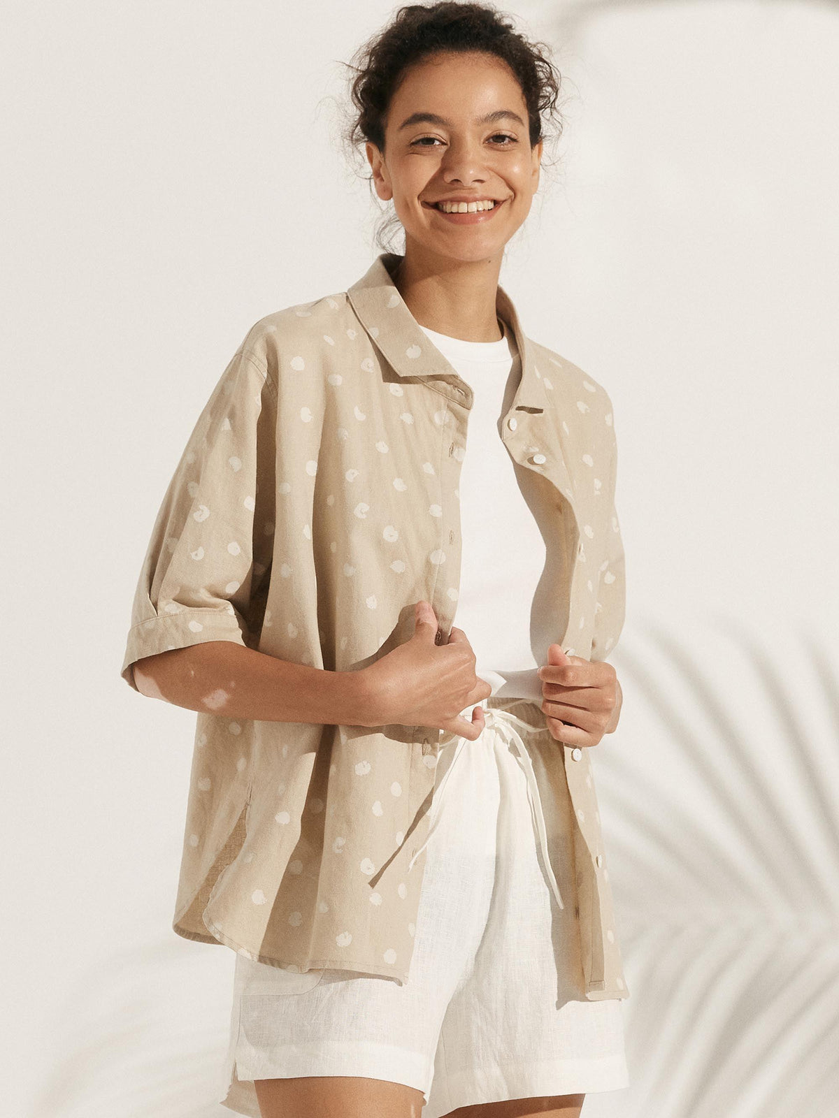 Linen Polka Dots Oversized Shirt - TOPS-Linen Button Down Shirts