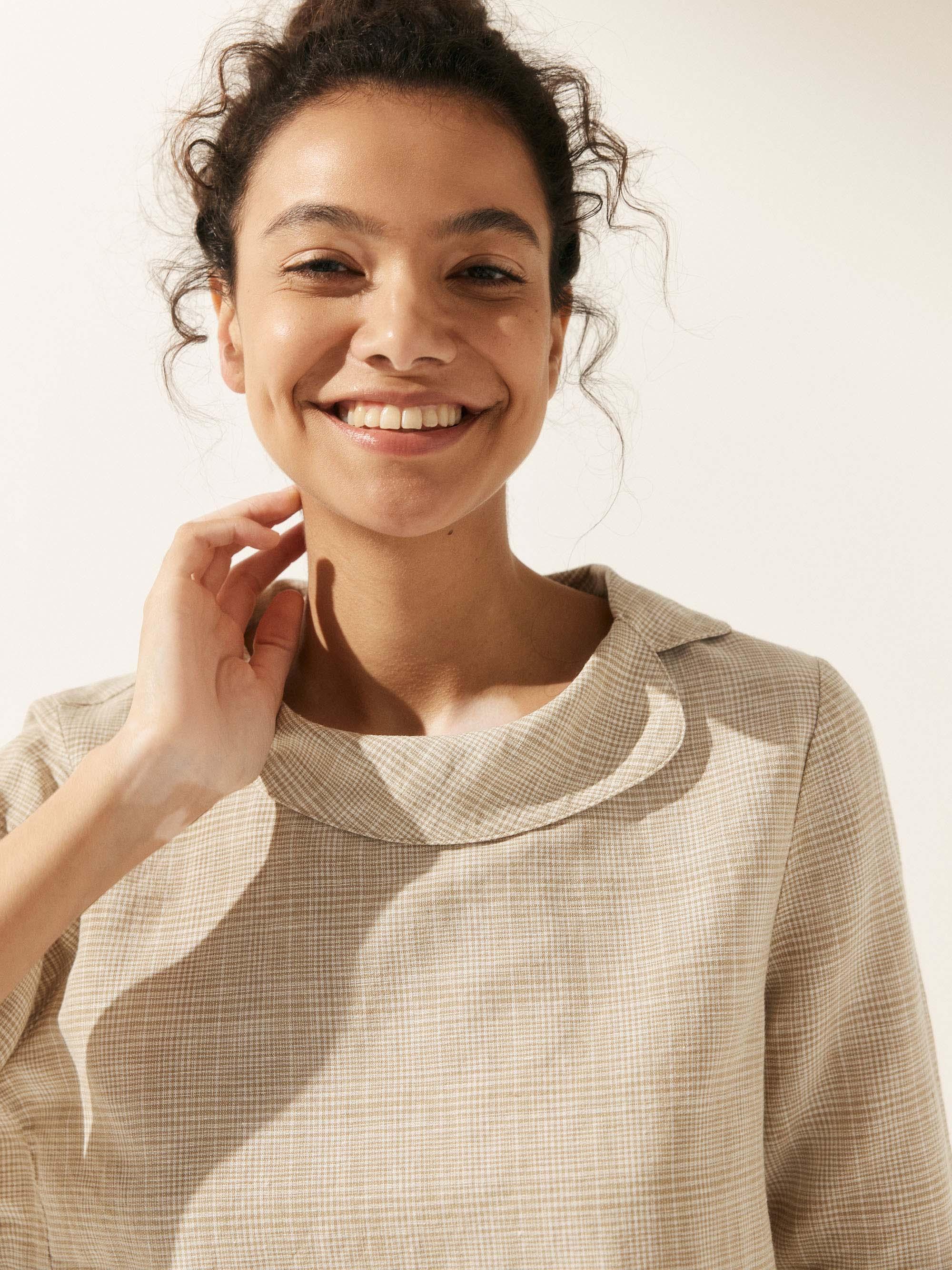 トップス HOLIDAY CHECK LINEN BIG COLLAR BLOUSE Marina Red Gingham Linen Top - Tie up Front Top - Linen
