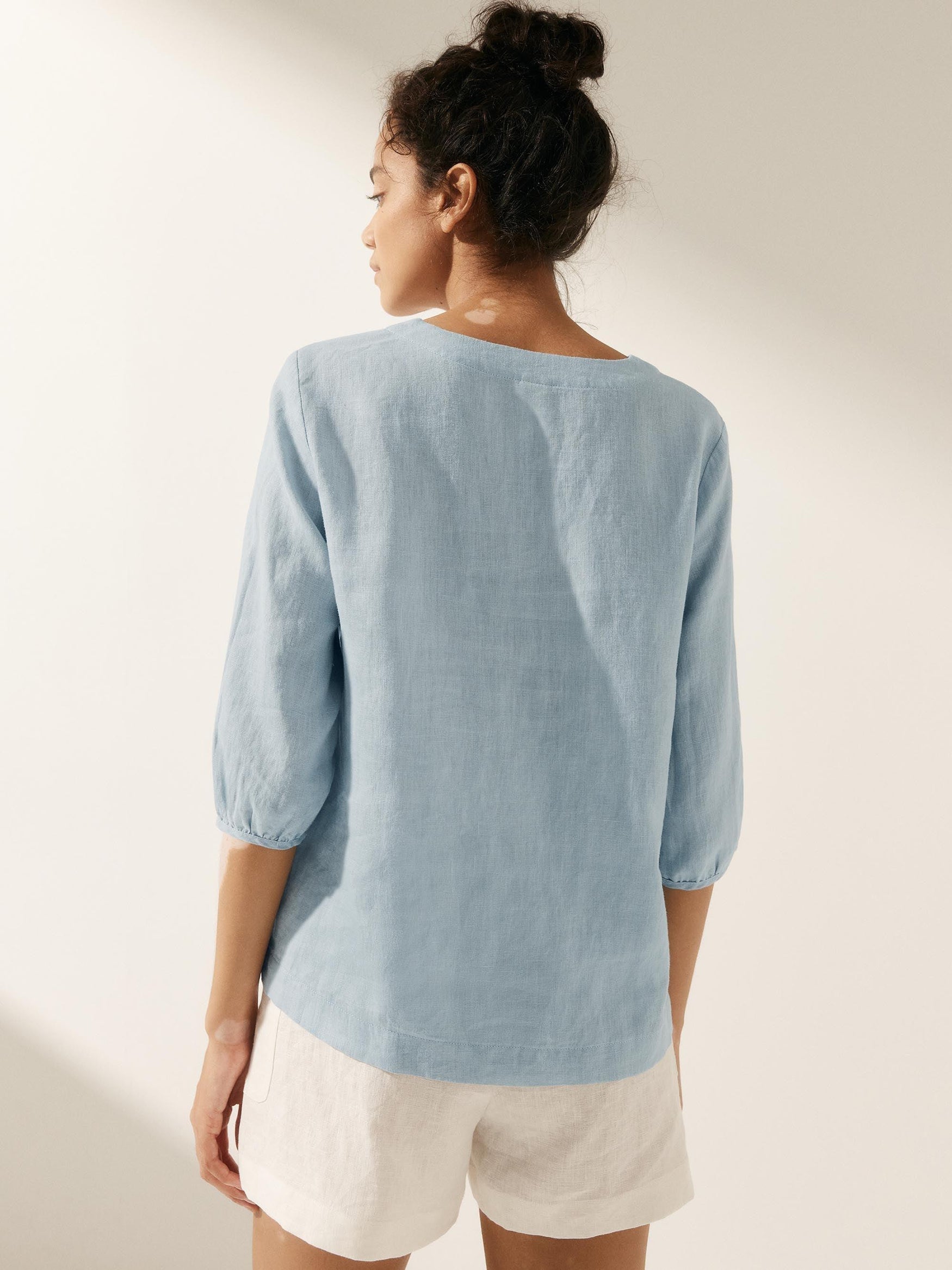 100% Linen Striped Puff Sleeves Top - TOPS-Linen Blouses