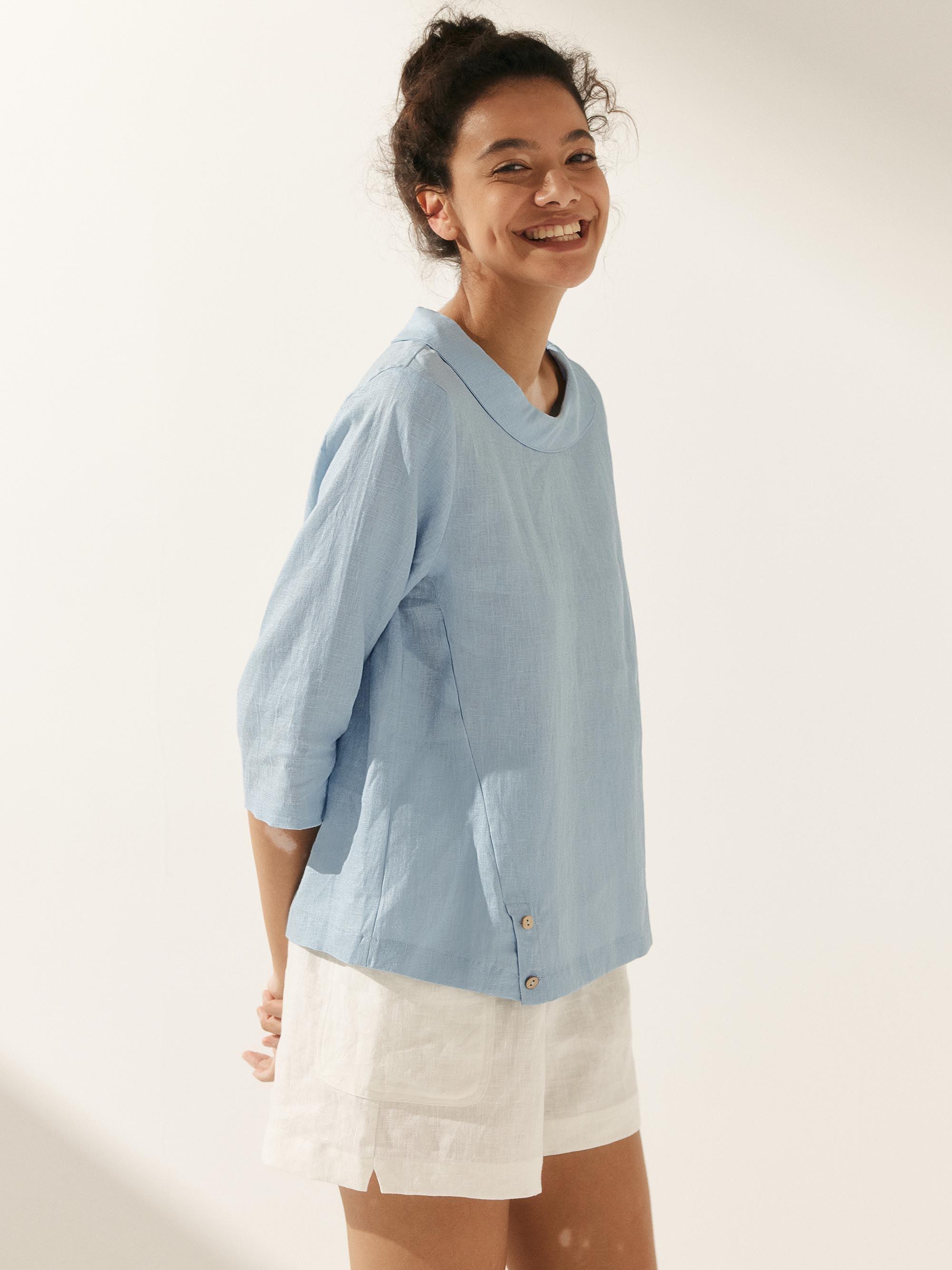 Linen Round Soft-Fold Collar Top ANAIS - TOPS-Linen Blouses