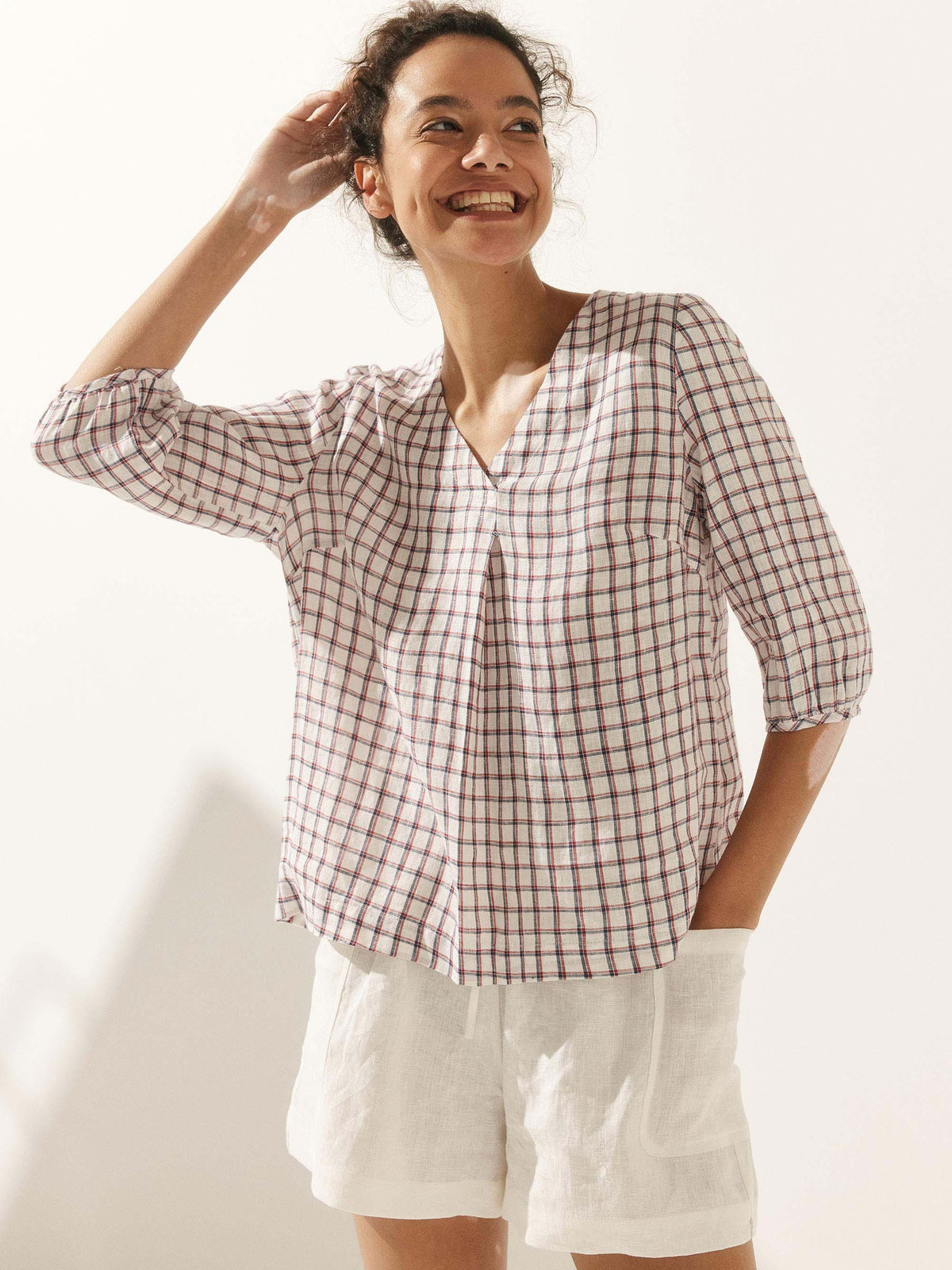 100% Linen Gingham Checked Puff Sleeves Top - TOPS-Linen Blouses