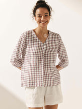 100% Linen Gingham Checked Puff Sleeves Top - Highland Check / S - TOPS-Linen Blouses