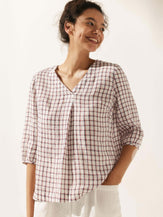 100% Linen Gingham Checked Puff Sleeves Top - TOPS-Linen Blouses