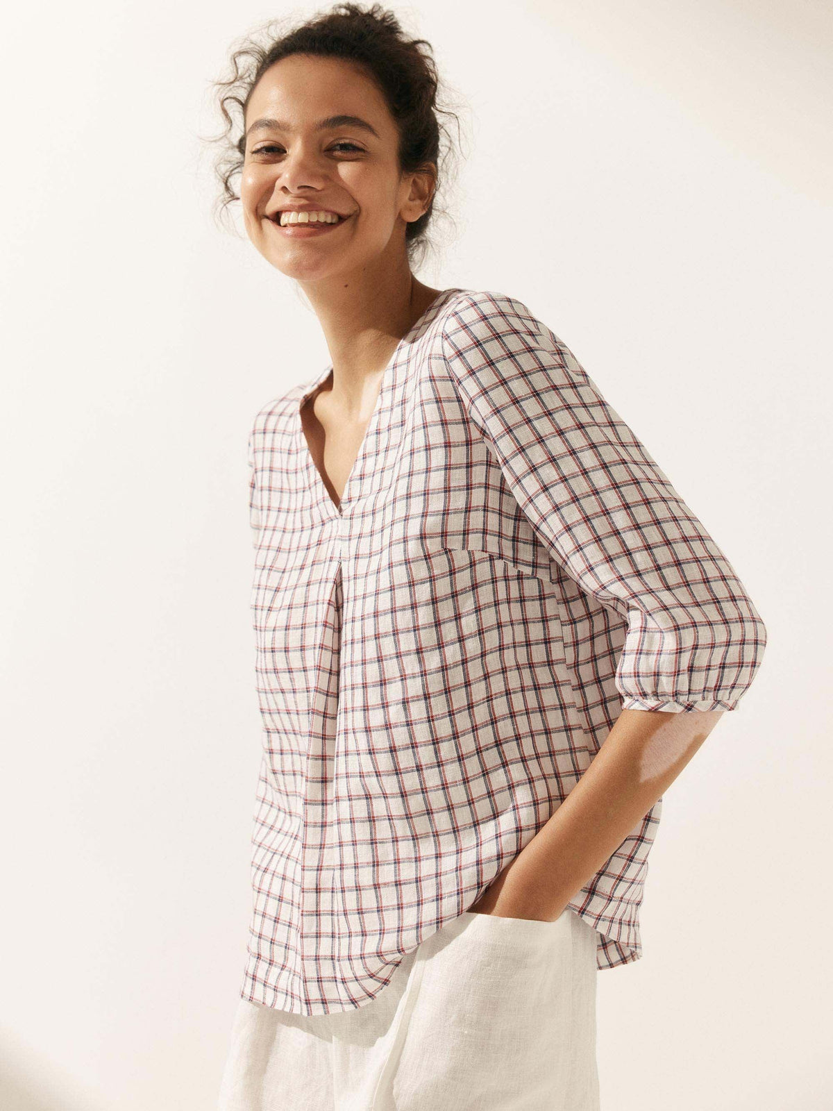 100% Linen Gingham Checked Puff Sleeves Top - TOPS-Linen Blouses