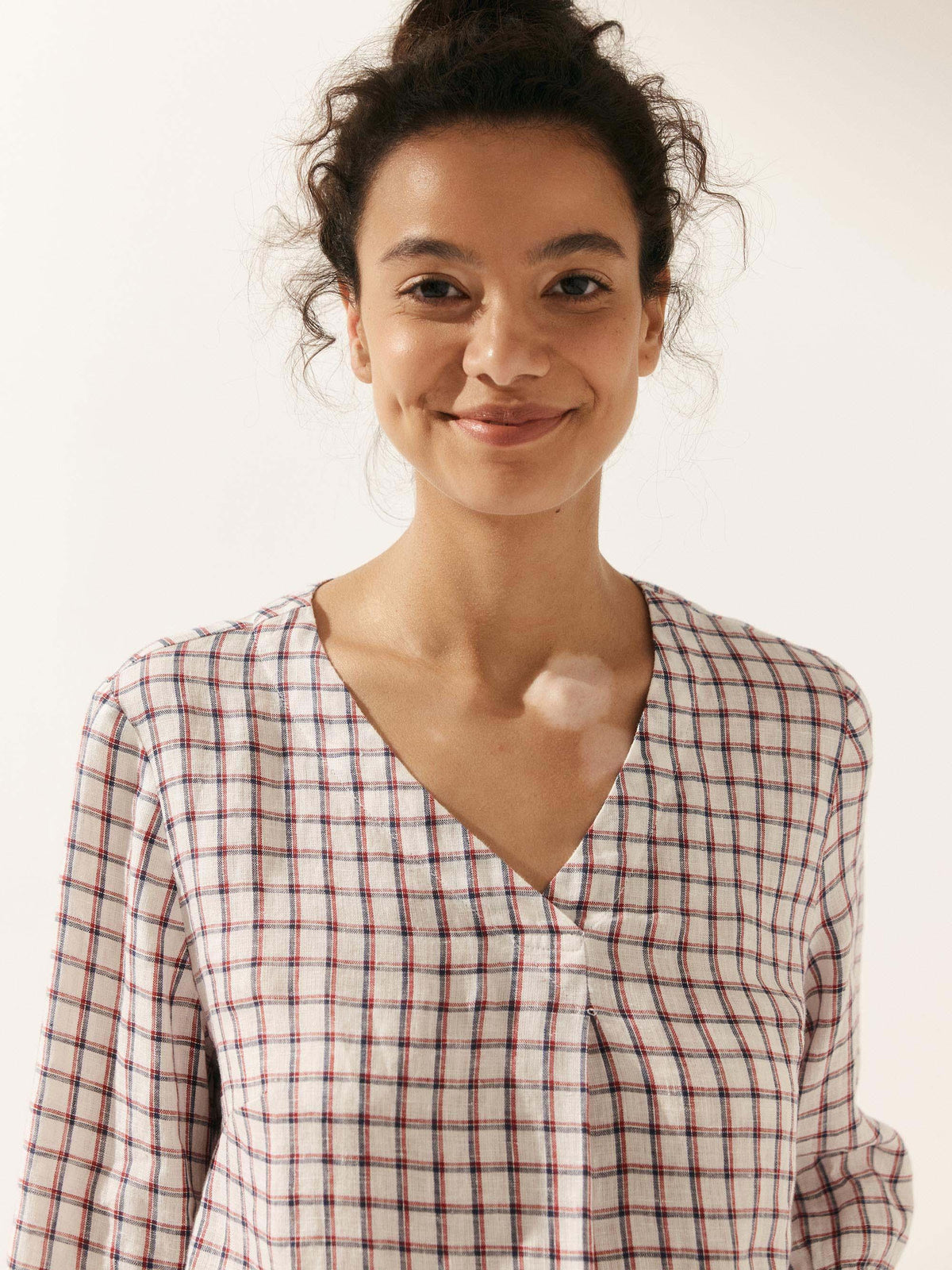 100% Linen Gingham Checked Puff Sleeves Top - TOPS-Linen Blouses