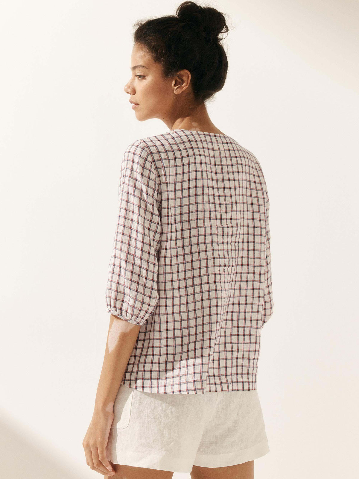 100% Linen Gingham Checked Puff Sleeves Top - TOPS-Linen Blouses