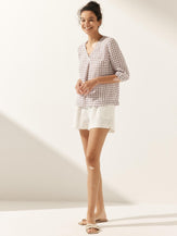 100% Linen Gingham Checked Puff Sleeves Top - TOPS-Linen Blouses
