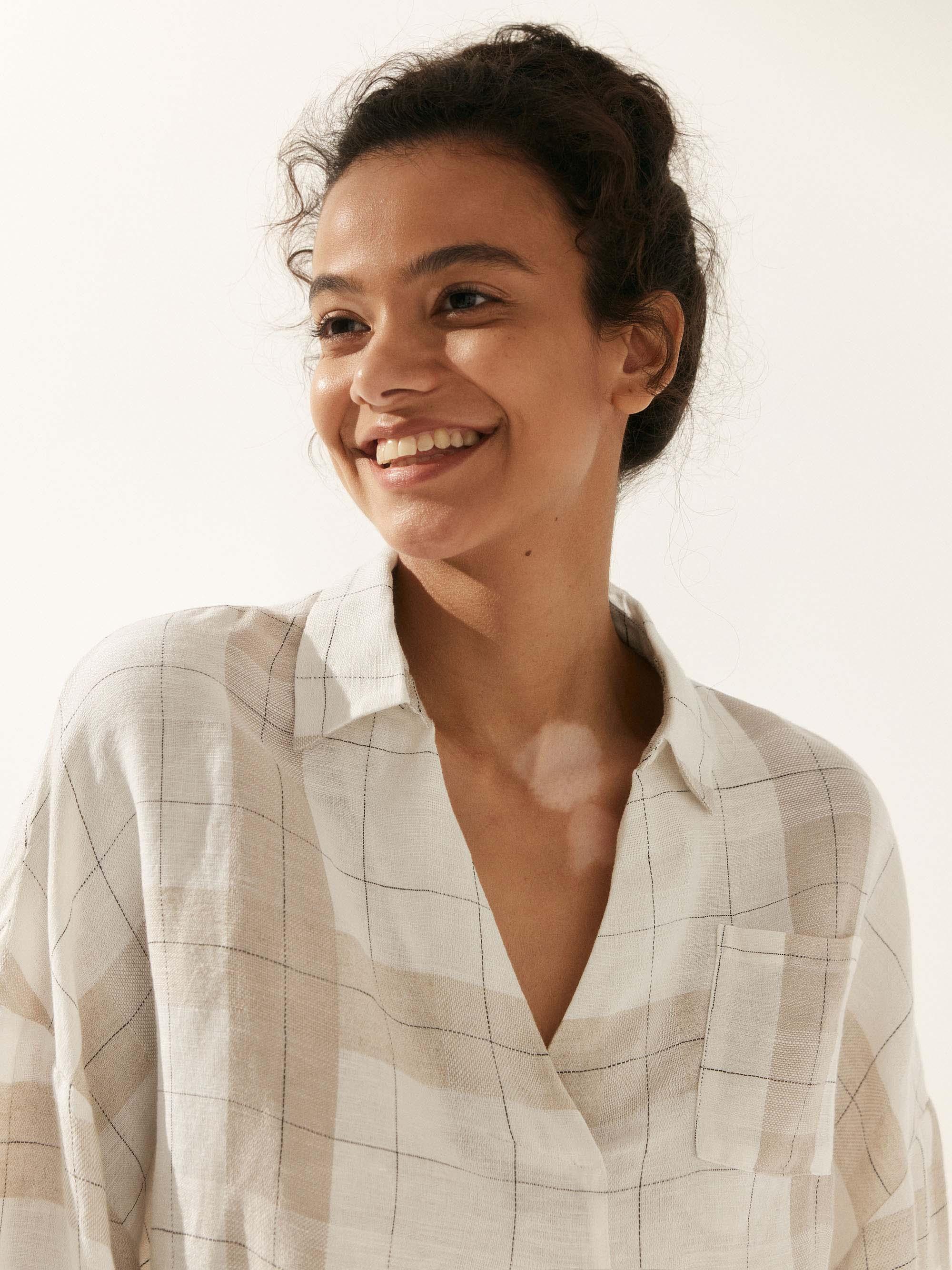 Linen Plaid Oversized Fit Pocket Shirt - TOPS-Linen Blouses