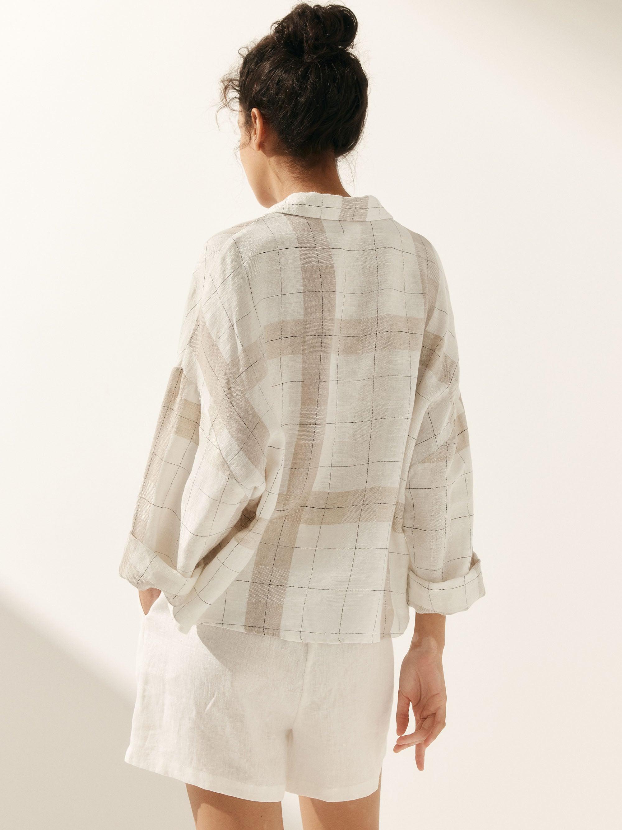 Linen Plaid Oversized Fit Pocket Shirt - TOPS-Linen Blouses
