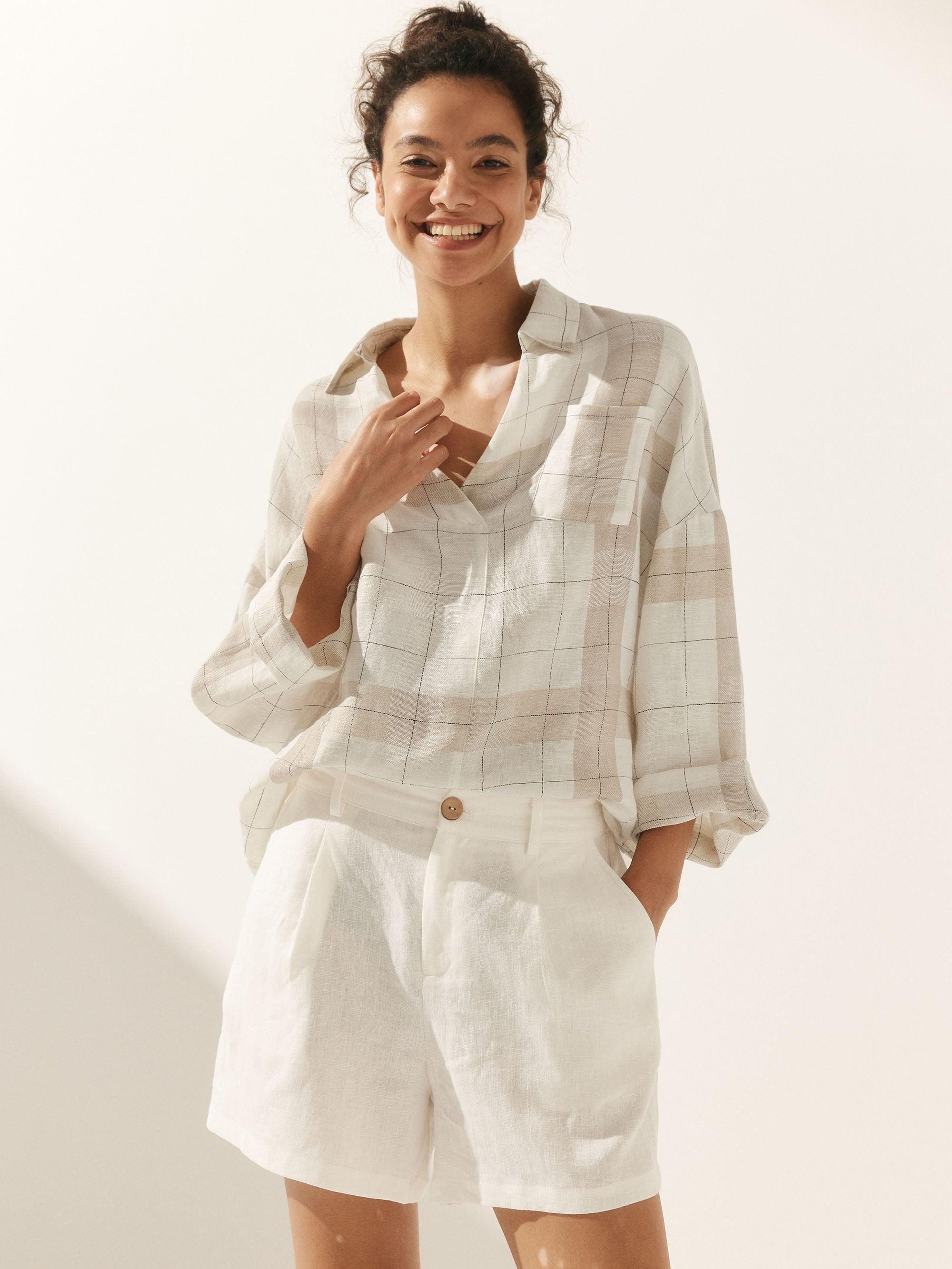 Linen Plaid Oversized Fit Pocket Shirt - Tan Beige / S - TOPS-Linen Blouses