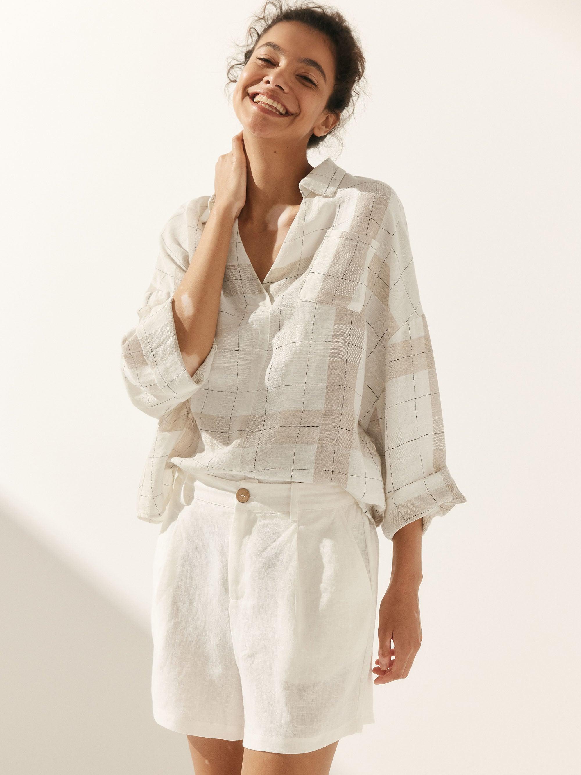 Linen Plaid Oversized Fit Pocket Shirt - TOPS-Linen Blouses